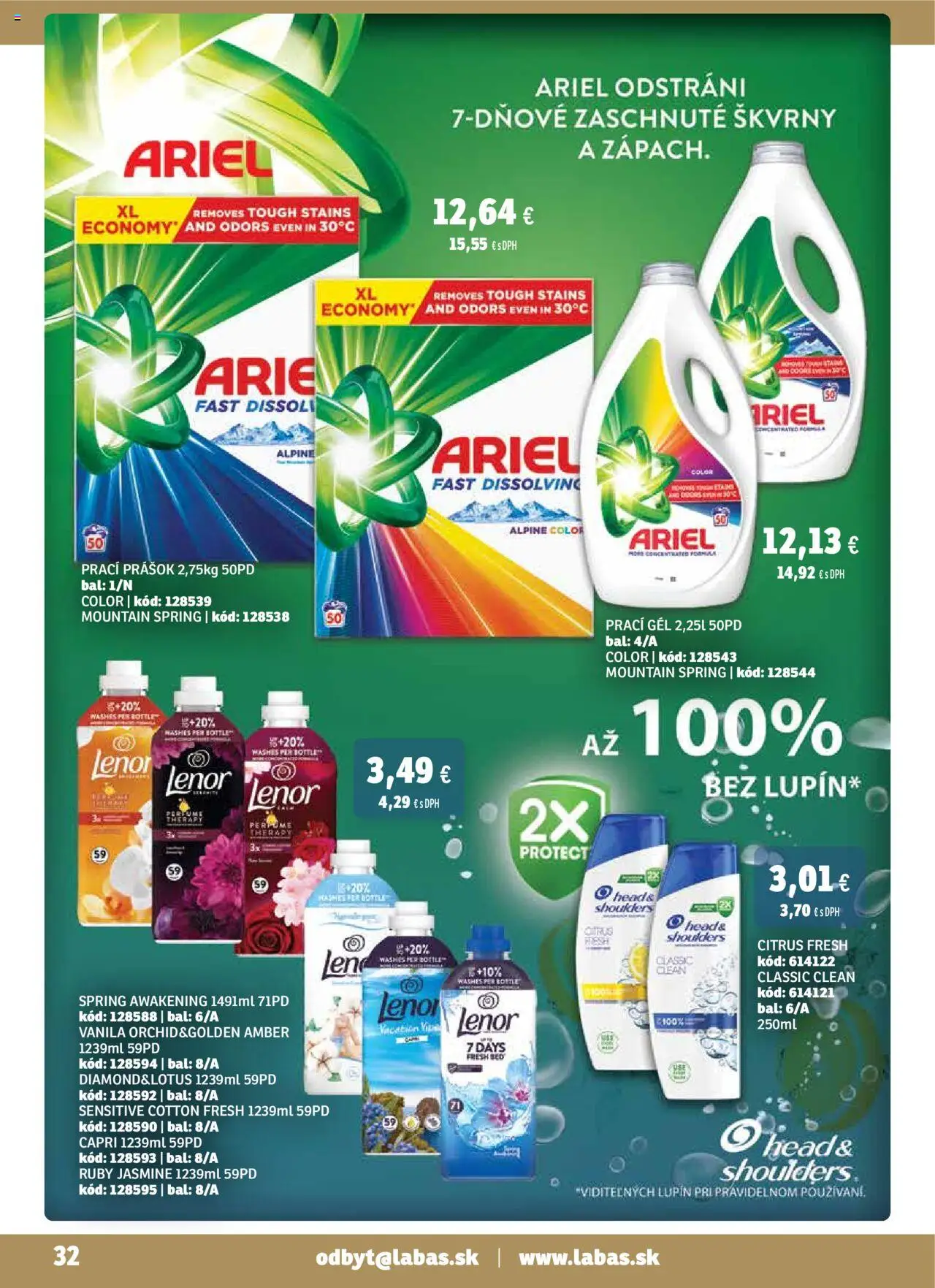 Nové Labaš akcie – leták je platný od 17.10.2025 | Strana: 32 | Produkty: Prací prášok, Ariel, Lenor