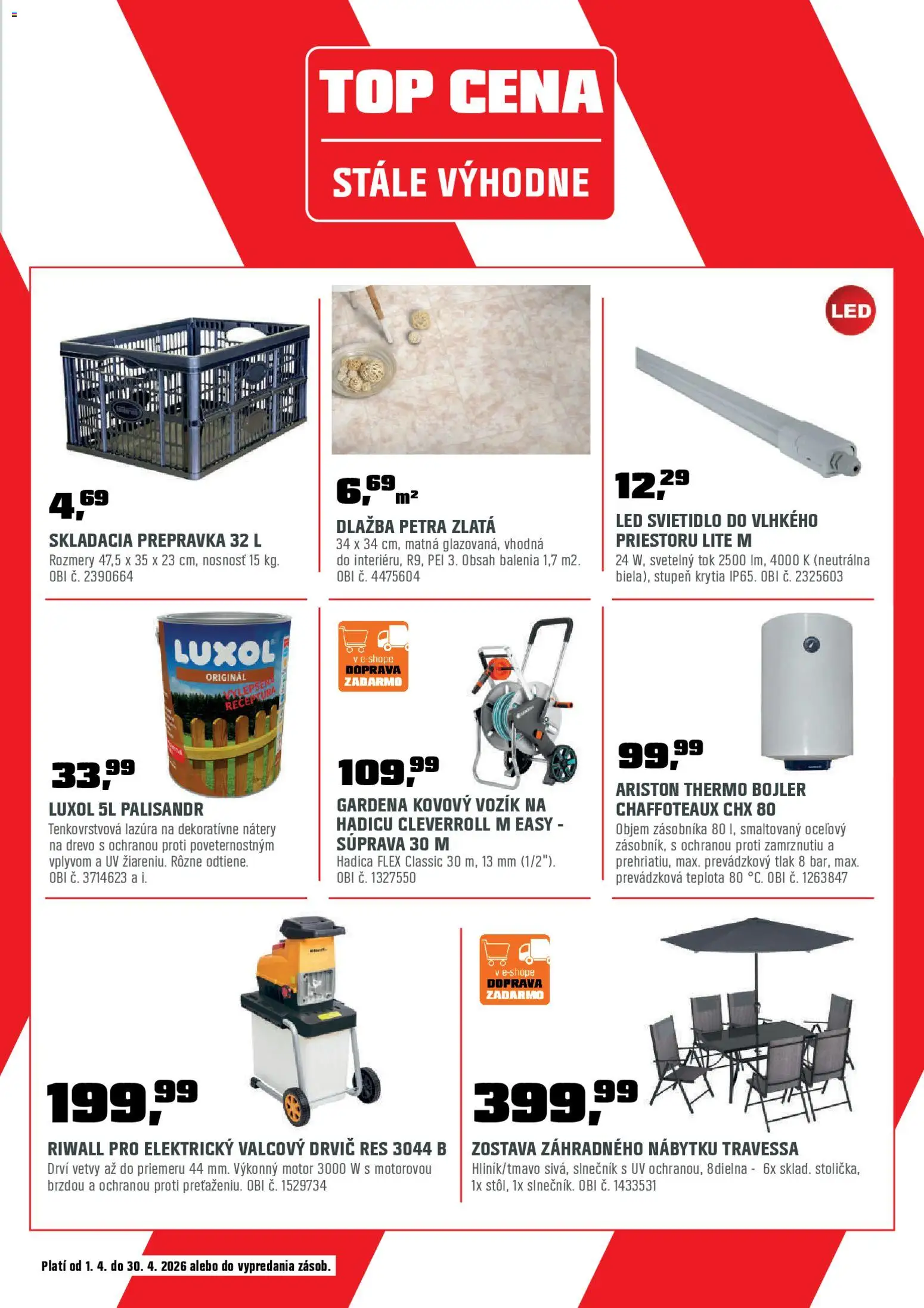 Nové OBI akcie – leták je platný od 01.04.2026 | Strana: 25 | Produkty: Drvič, Dlažba, Svietidlo, Slnečník