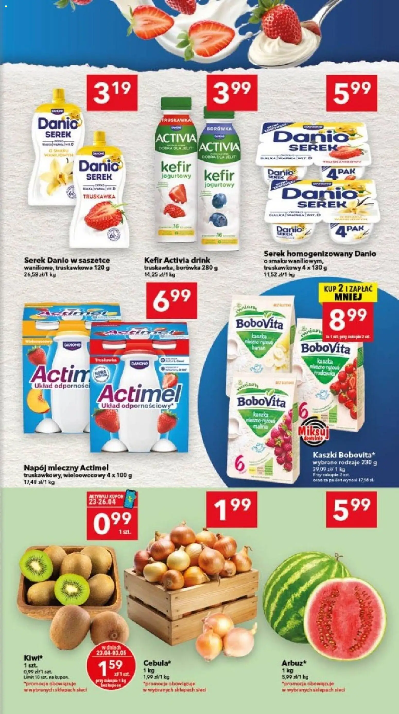 Lewiatan gazetka - Bydgoszcz od 23.04.2026 | Strona: 9 | Produkty: Kefir, Serek homogenizowany, Serek, Kiwi