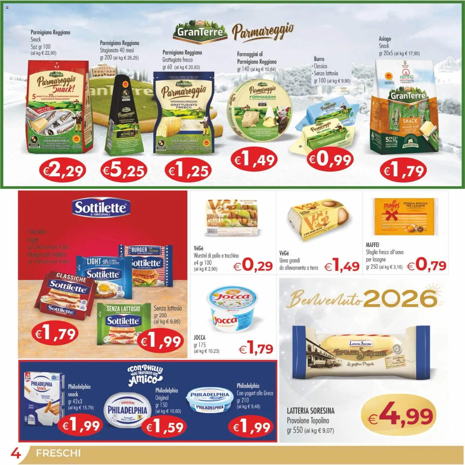 Volantino MerSi Supermercati del 27.12.2025 | Pagina: 4 | Prodotti: Provolone, Burro, Parmigiano reggiano, Terra