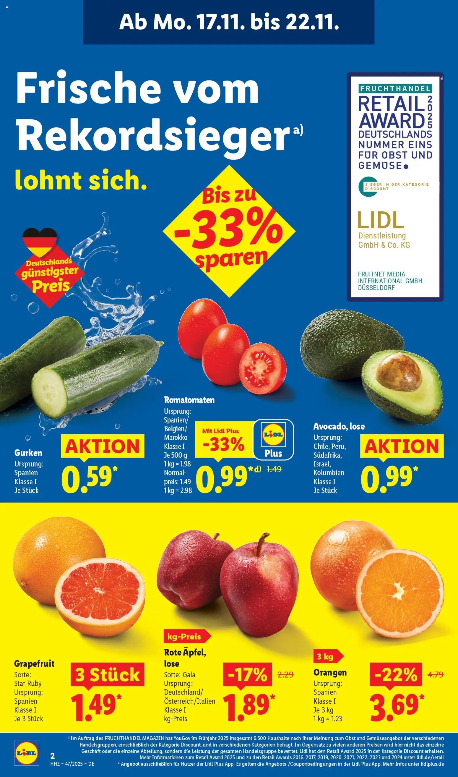 Lidl Prospekt Grimma – gültig ab 17.11.2025 | Seite: 4 | Produkte: Orangen, Grapefruit, Obst, Gurken