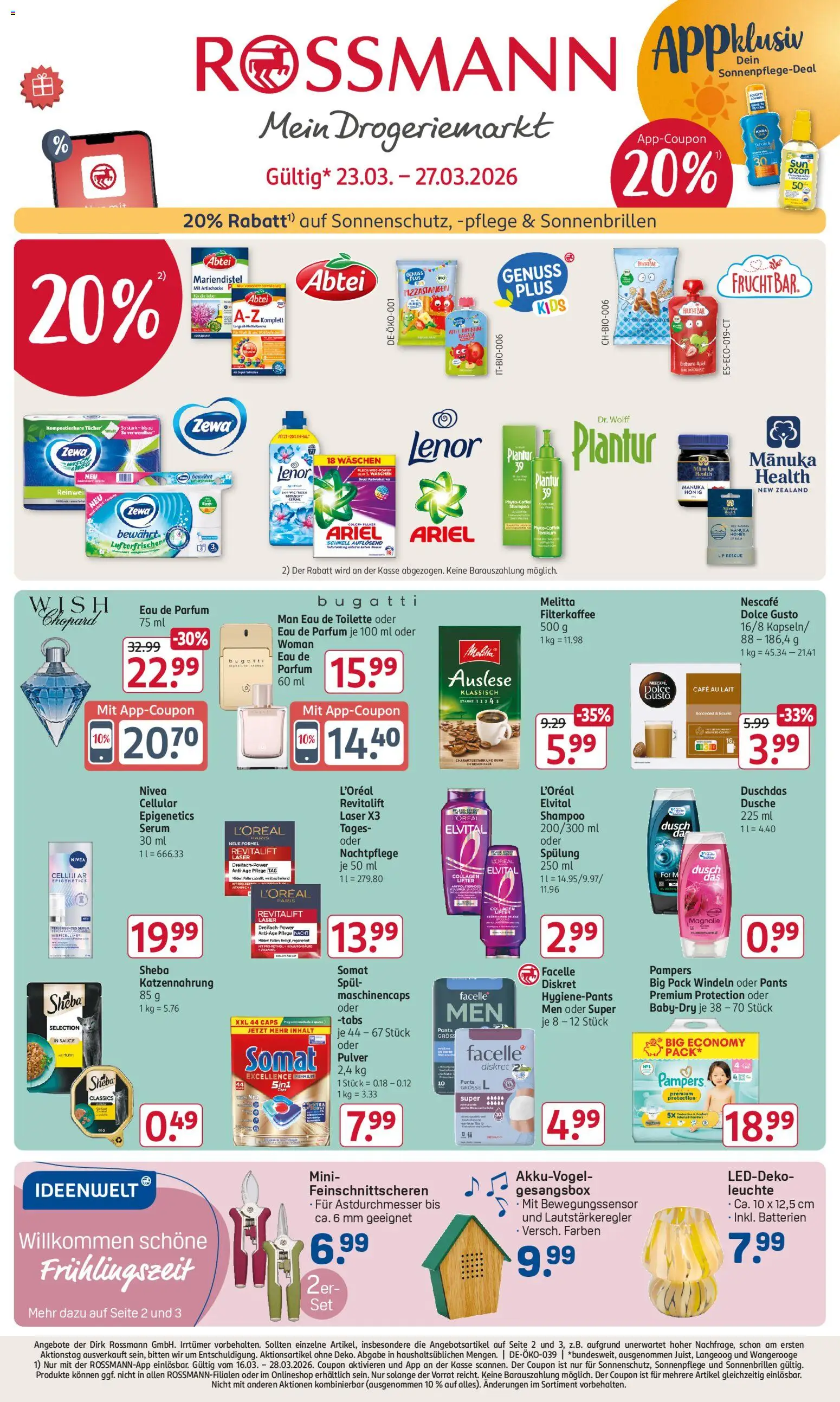 Rossmann Angebotsprospekt – gültig ab 23.03.2026 | Seite: 1 | Produkte: Melitta, Sheba, Parfüm, Shampoo