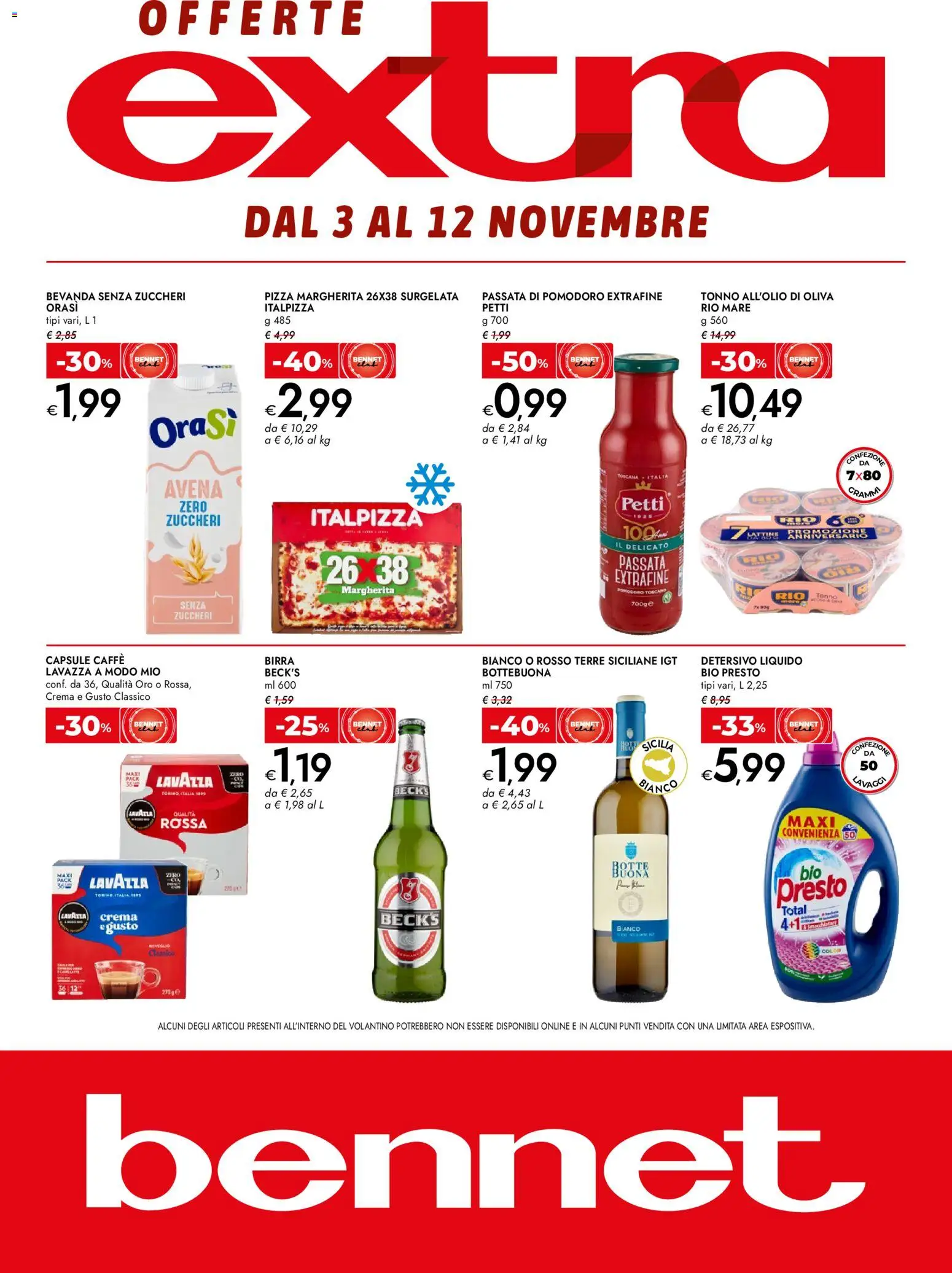 Volantino bennet del 03.11.2025 | Pagina: 1 | Prodotti: Caffè, Pizza, Birra, Lavazza