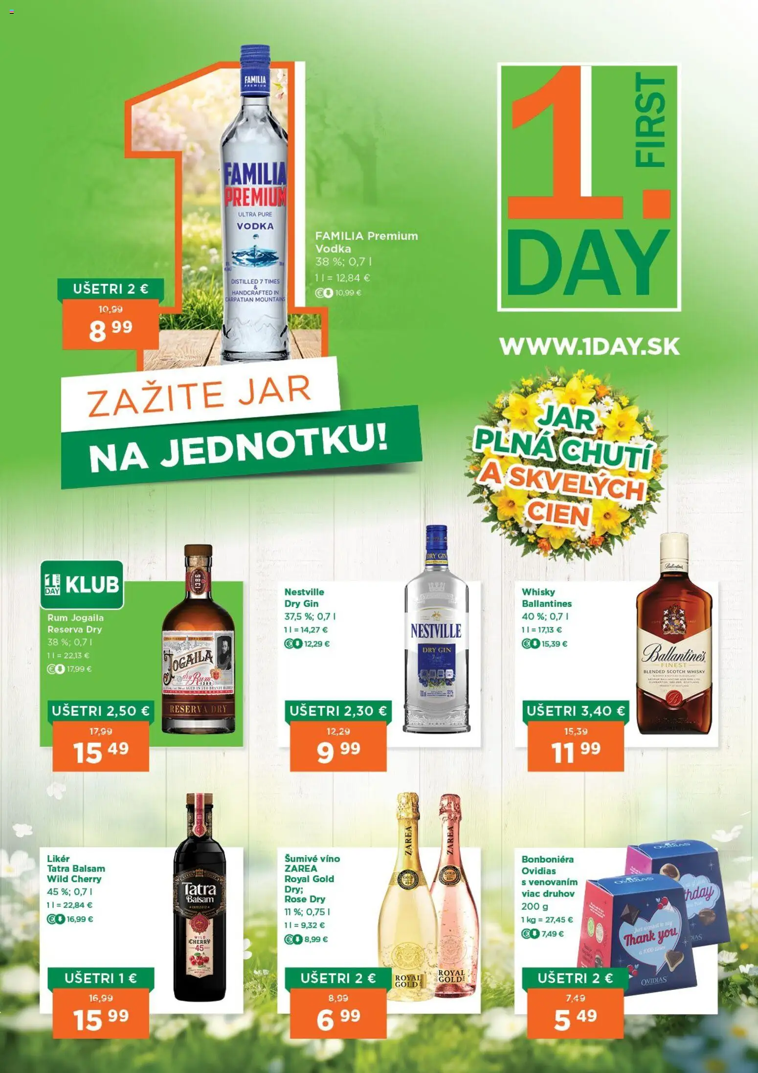 Nové 1day akcie – leták je platný od 09.04.2026 | Strana: 1 | Produkty: Víno, Gin, Rum, Ballantines