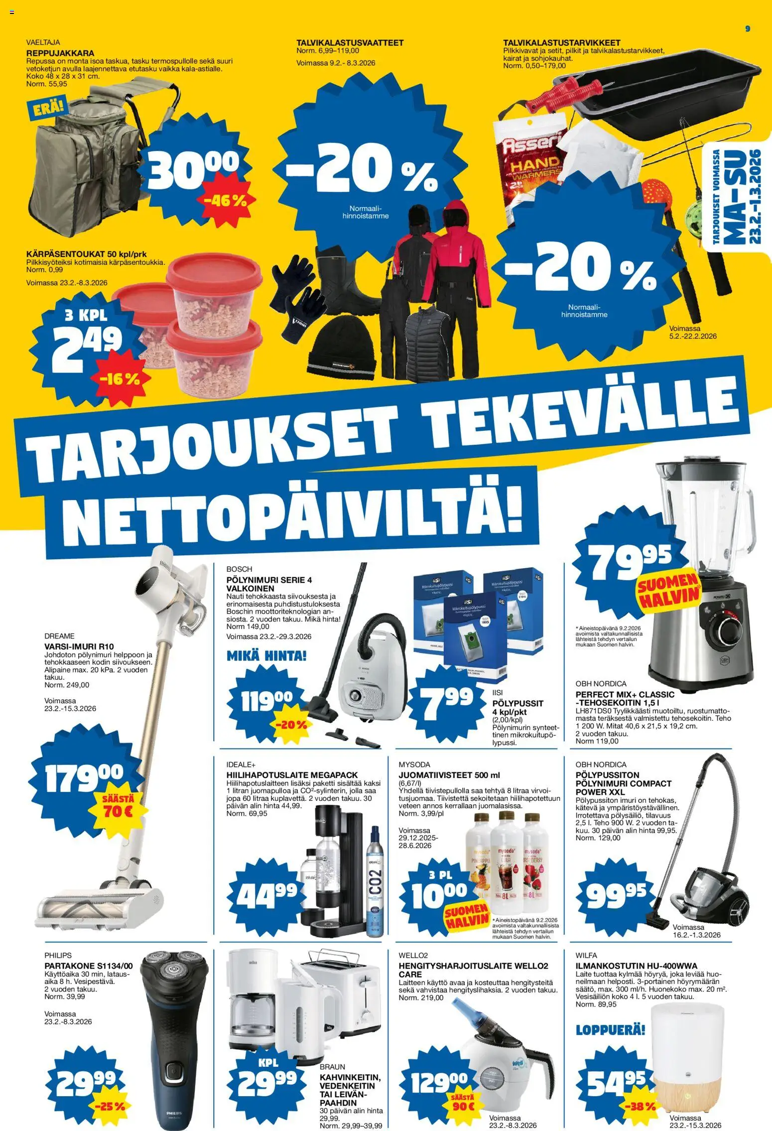 Tokmanni tarjoukset – voimassa 23.02.2026 alkaen | Sivu: 9 | Tuotteet: Varsi-imuri, Leivänpaahdin, Hengitysharjoituslaite, Hiilihapotuslaite