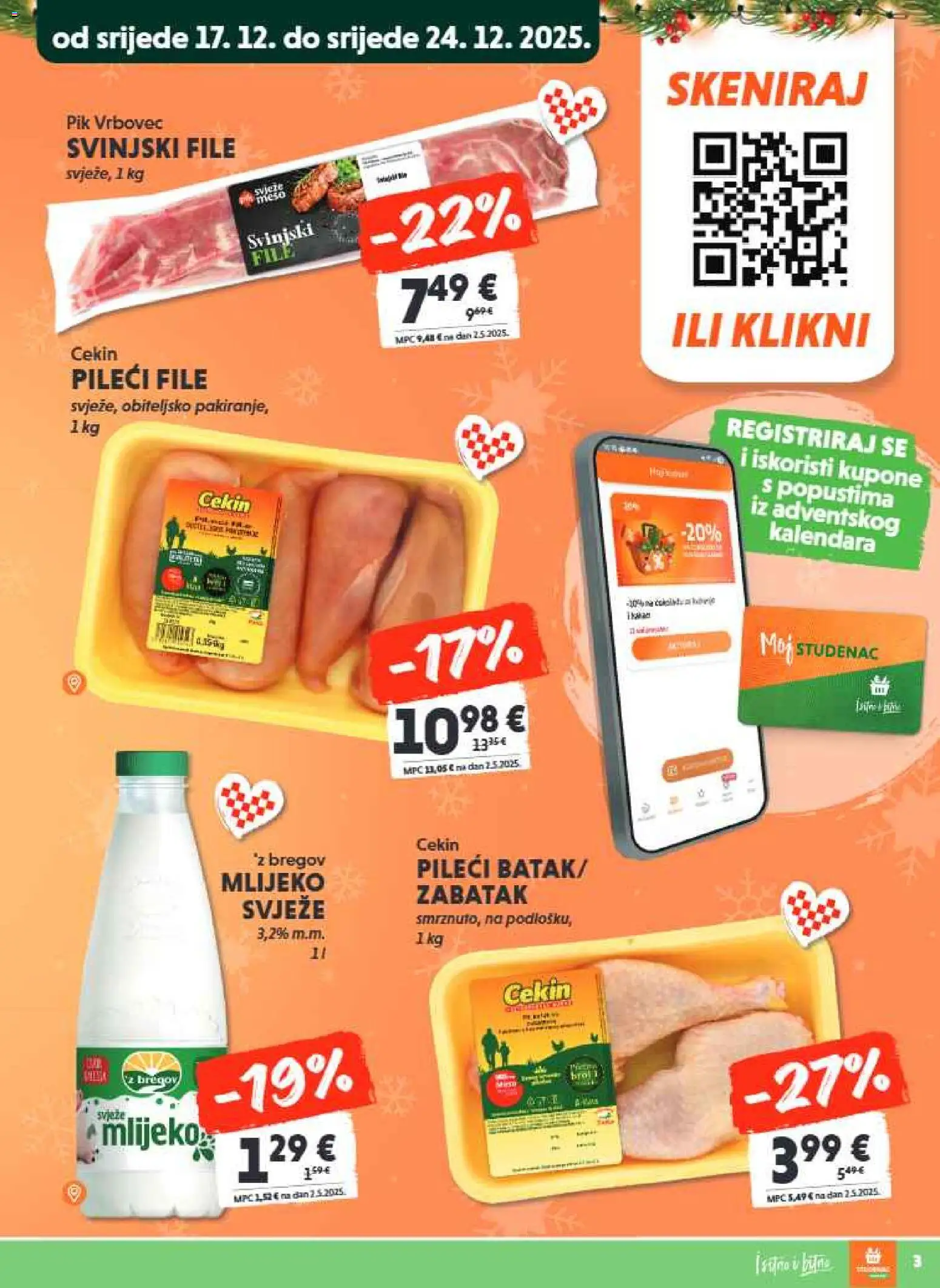Studenac katalog | vrijedi od 17.12.2025 | Stranica: 3 | Proizvodi: Mlijeko, Pileći file, Svinjski file, Pik Vrbovec