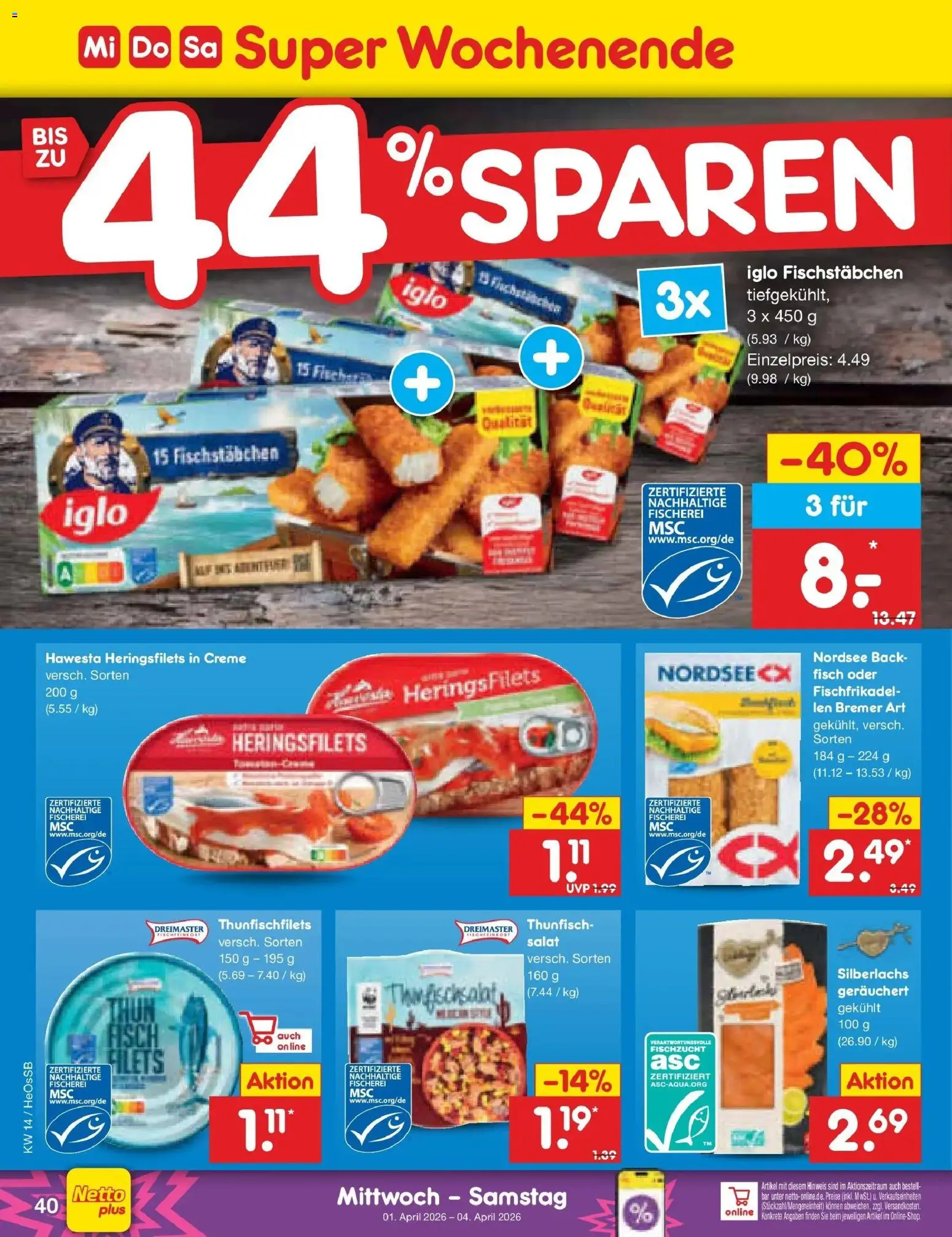 Netto Marken-Discount Prospekt Kröpelin	 – gültig ab 30.03.2026 | Seite: 44 | Produkte: Thunfisch, Iglo, Fisch, Fischstabchen