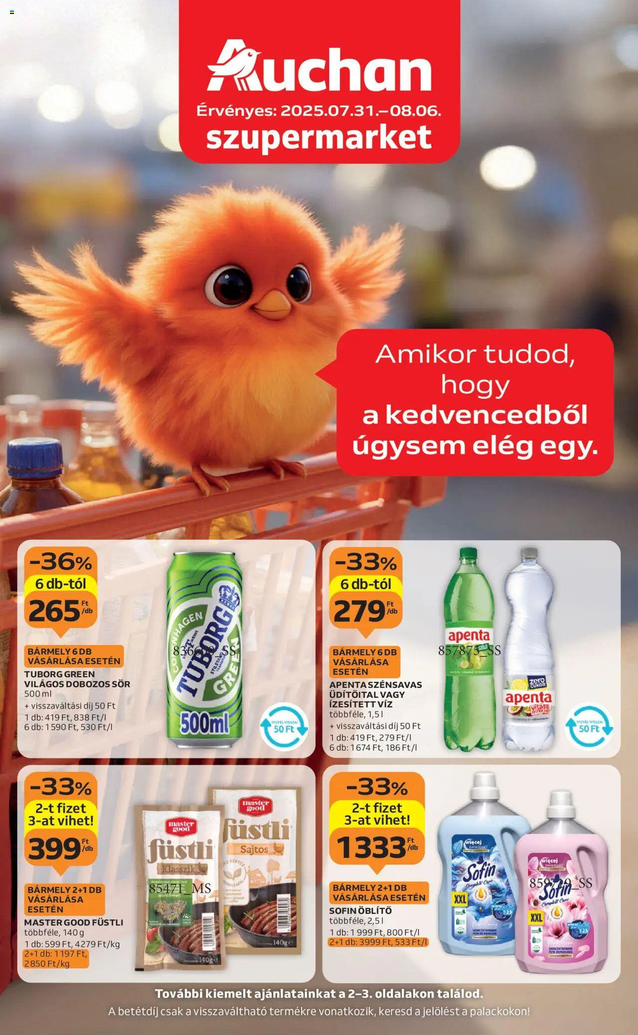 Auchan akciós ujság - amely érvényes a következő dátumtól: 31.07.2025 | Oldal: 1 | Termékek: Öblítő, Dobozos sör, Sör, Cukor
