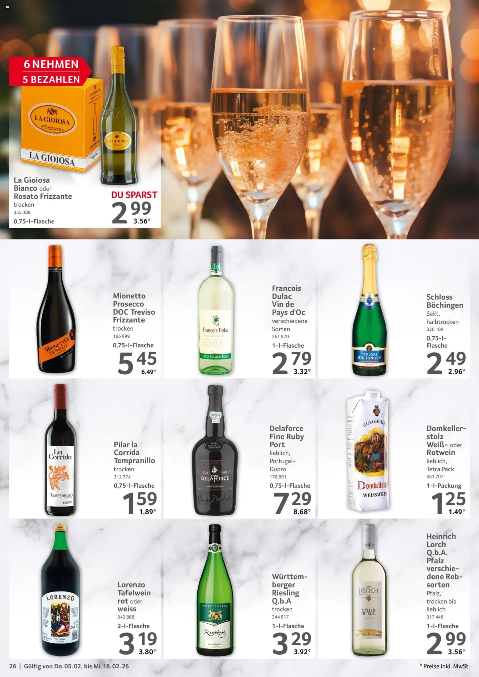 Selgros Gastronomie – gültig ab 05.02.2026 | Seite: 26 | Produkte: Weißwein, Rotwein, Prosecco