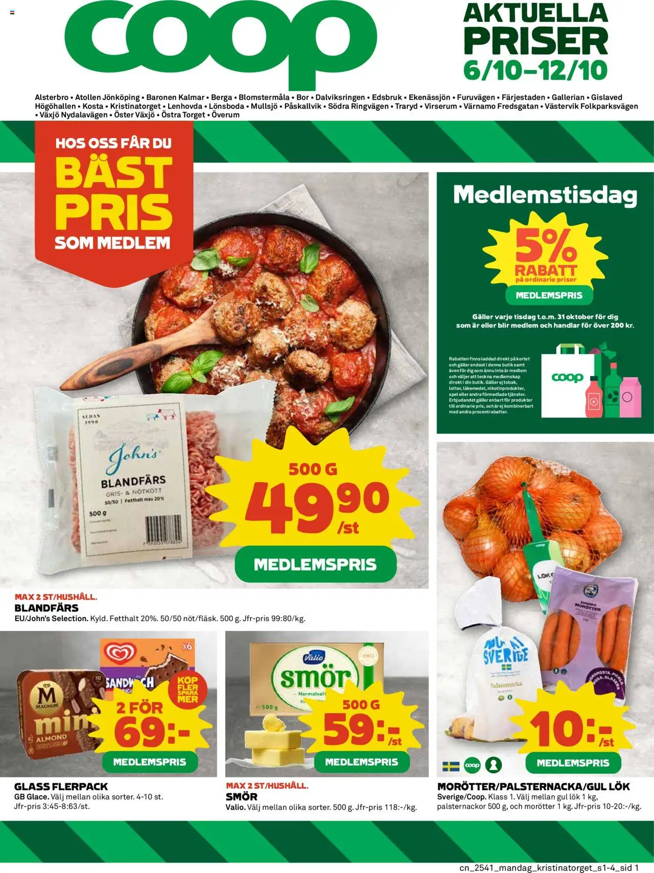 Coop reklamblad aktuell från 06.10.2025 | Sida: 1 | Produkter: Galler, Nötkött, Glass, Spel