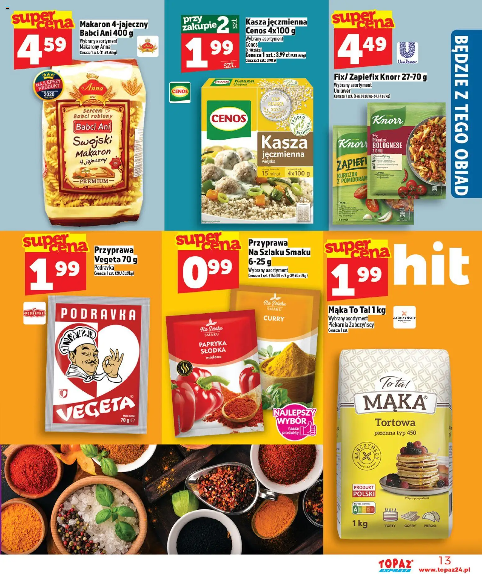 Topaz gazetka - Express od 09.04.2026 | Strona: 13 | Produkty: Kurczak, Kasza jęczmienna, Piekarnia, Makaron