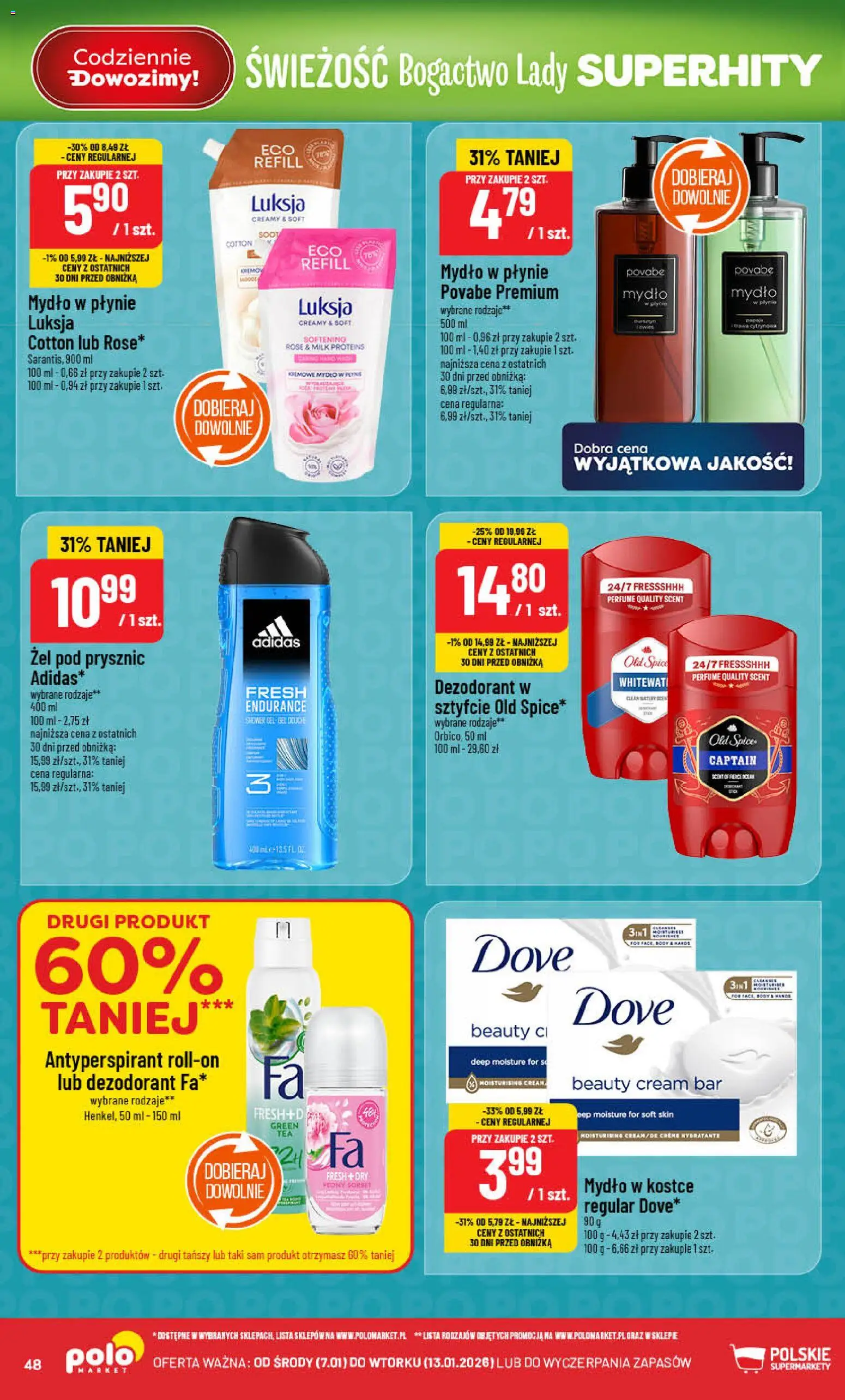 POLOmarket Gazetka od 07.01.2026 | Strona: 48 | Produkty: Mydło, Żel pod prysznic, Dezodorant, Antyperspirant