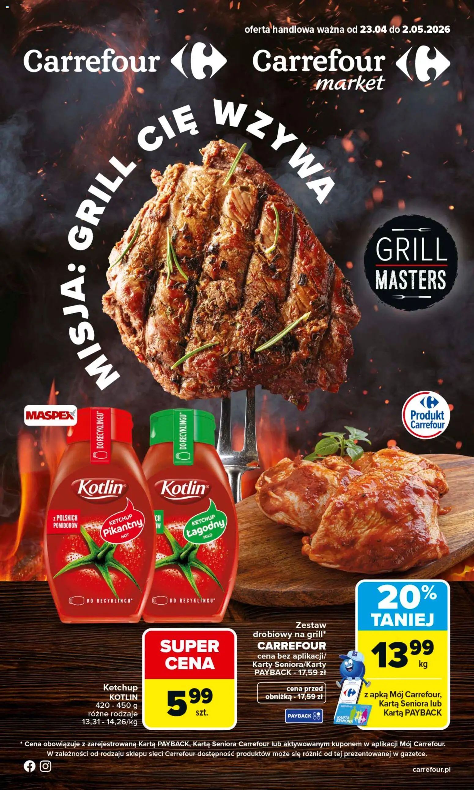 Carrefour gazetka - Misja:Grill Cię wzywa od 23.04.2026 | Strona: 1 | Produkty: Karta, Ketchup, Grill