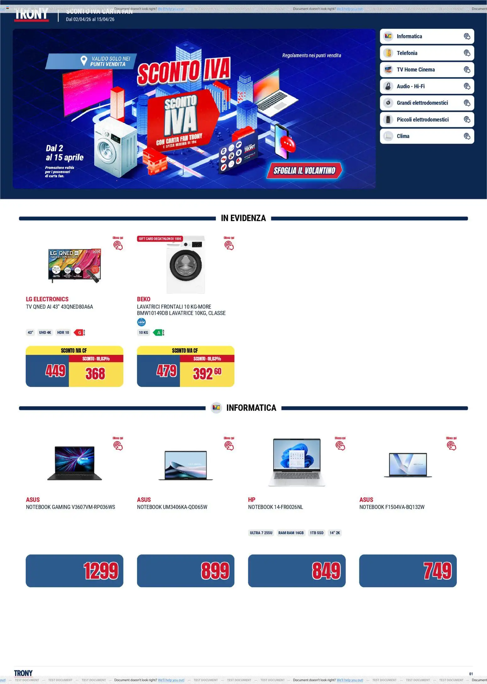 Volantino Trony del 02.04.2026 | Pagina: 1 | Prodotti: Notebook, Lavatrice, TV, Audio