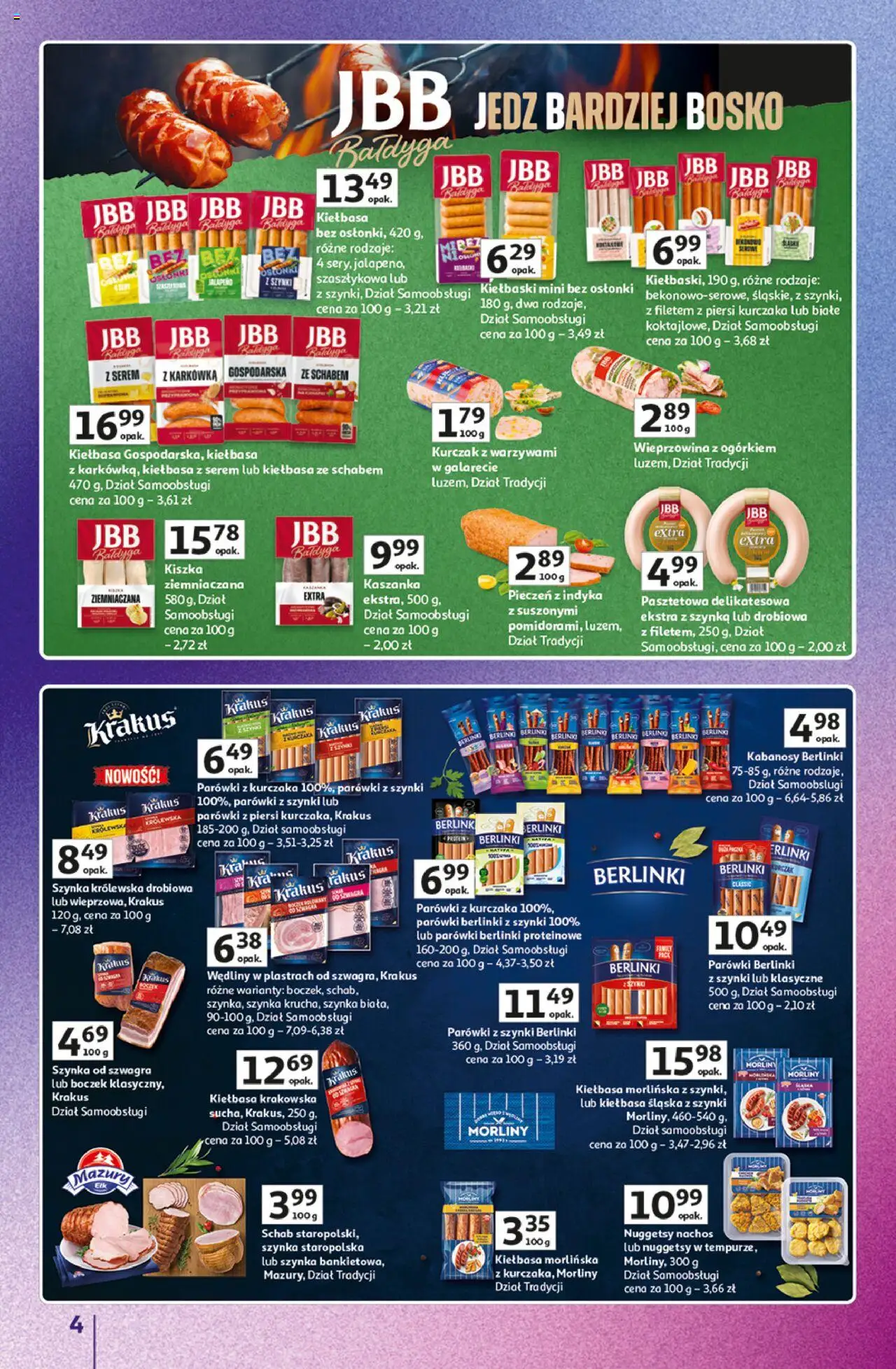 Auchan Gazetka - Znane Marki Duży Wybór Hipermarket od 12.06.2025 | Strona: 4 | Produkty: Schab, Kiełbasa krakowska, Kiełbasa śląska, Nuggets
