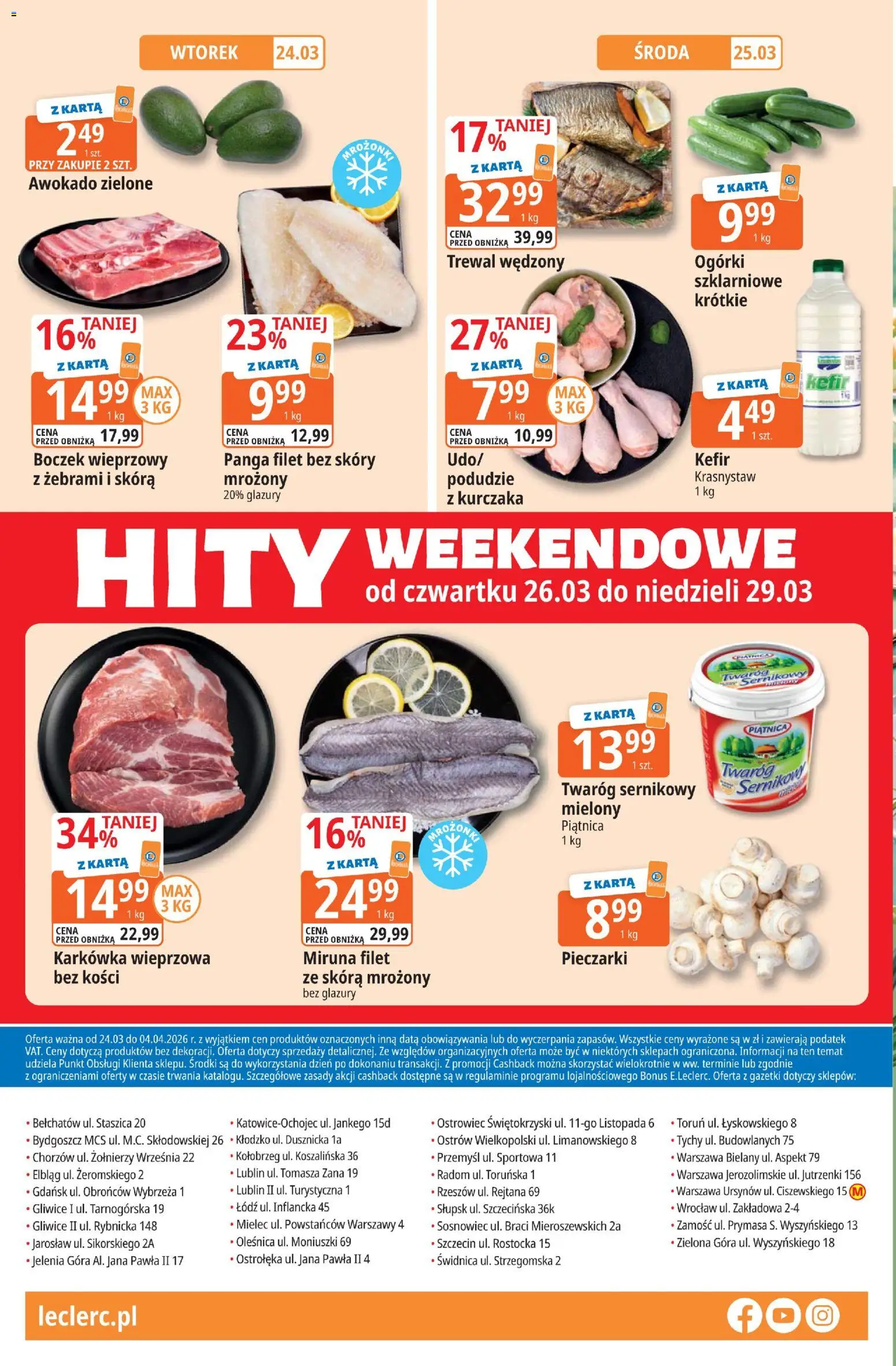 E.Leclerc gazetka - Wrocław od 24.03.2026 | Strona: 15 | Produkty: Pieczarki, Kefir, Boczek wieprzowy, Ogórki