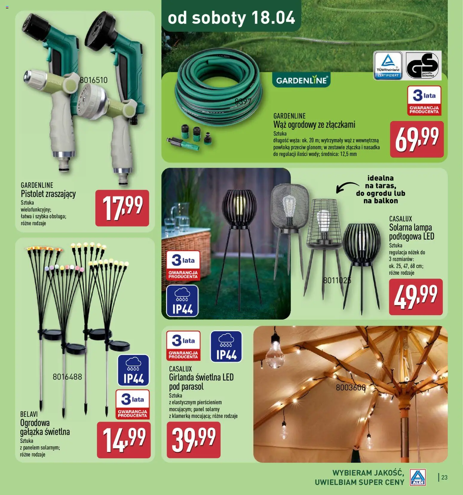Aldi Gazetka - Katalog ogrodowy od 25.02.2026 | Strona: 23 | Produkty: Wąż ogrodowy, Parasol, Lampa