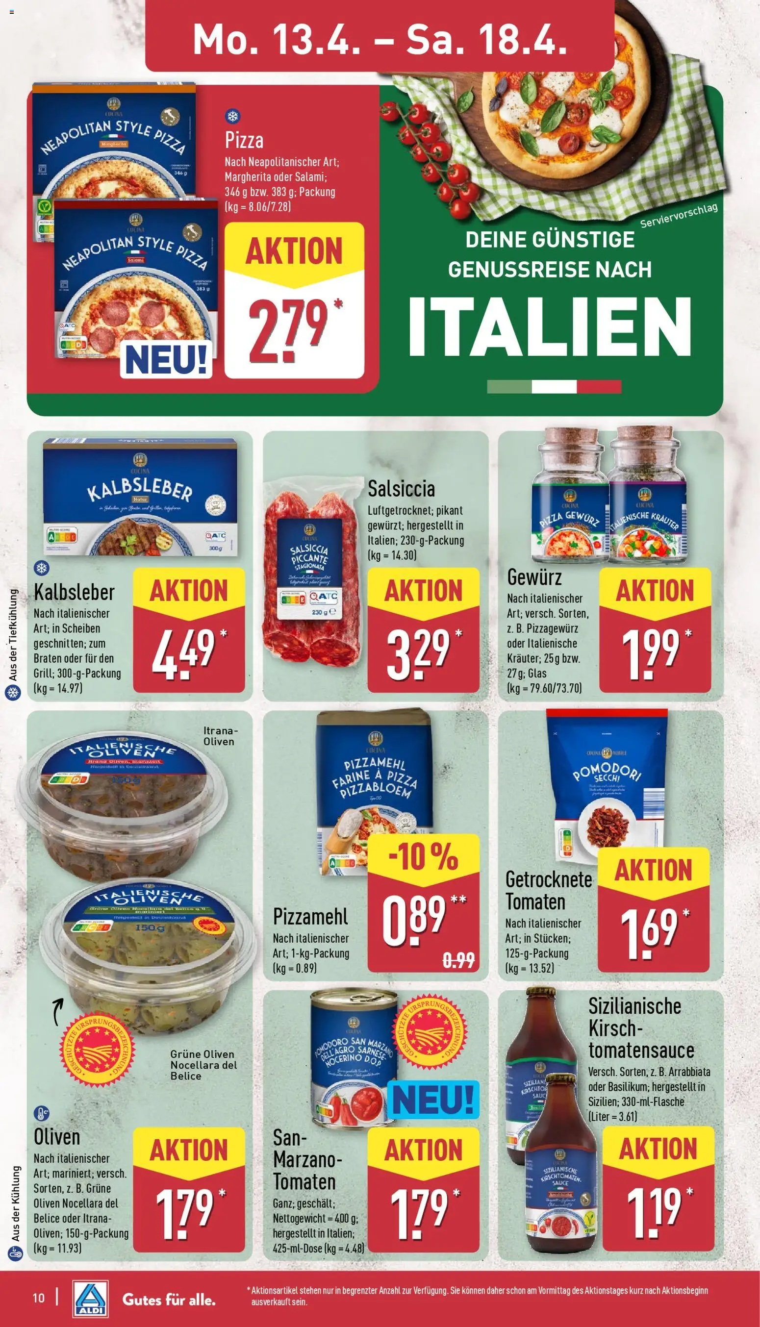 Aldi Prospekt 	 – gültig ab 13.04.2026 | Seite: 14 | Produkte: Tomaten, Kalbsleber, Pizza