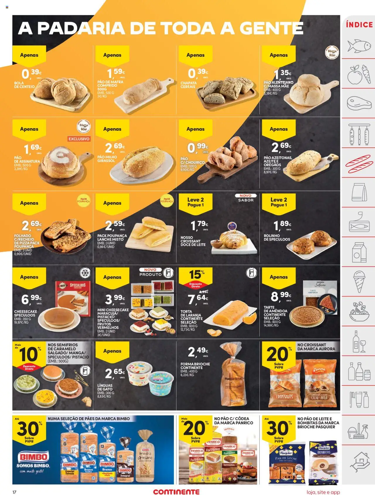 Continente folheto │ válido de 19.08.2025 | Página: 17 | Produtos: Pão, Pizza, Chouriço, Tarte