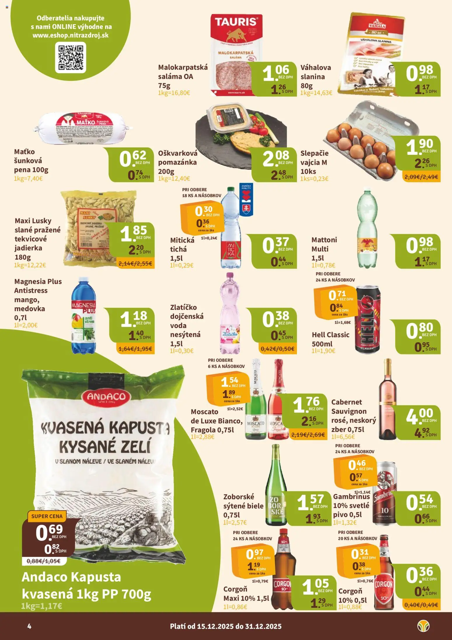 Nové Nitrazdroj akcie – leták je platný od 15.12.2025 | Strana: 4 | Produkty: Pivo, Vajcia, Saláma, Gambrinus
