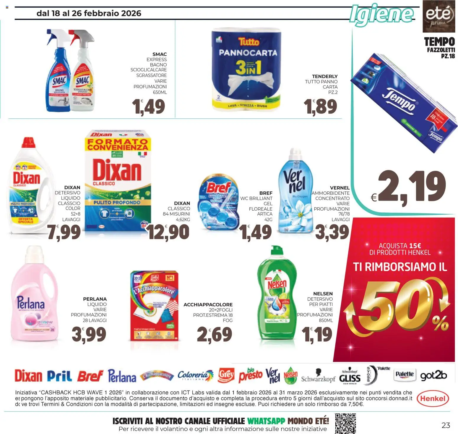 Volantino Eté del 18.02.2026 | Pagina: 23 | Prodotti: Ammorbidente, Fazzoletti, Sgrassatore, Bagno