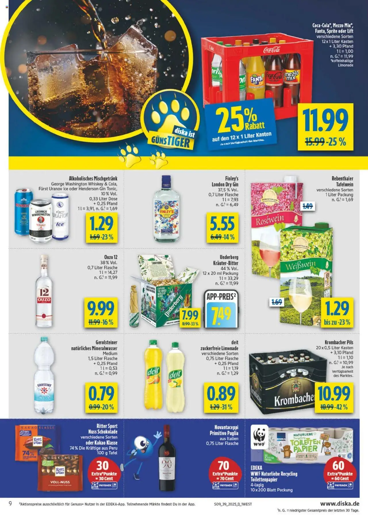 Diska - diska Angebote Bayern KW39 – gültig ab 22.09.2025 | Seite: 9 | Produkte: Fanta, Sprite, Weißwein, Whiskey