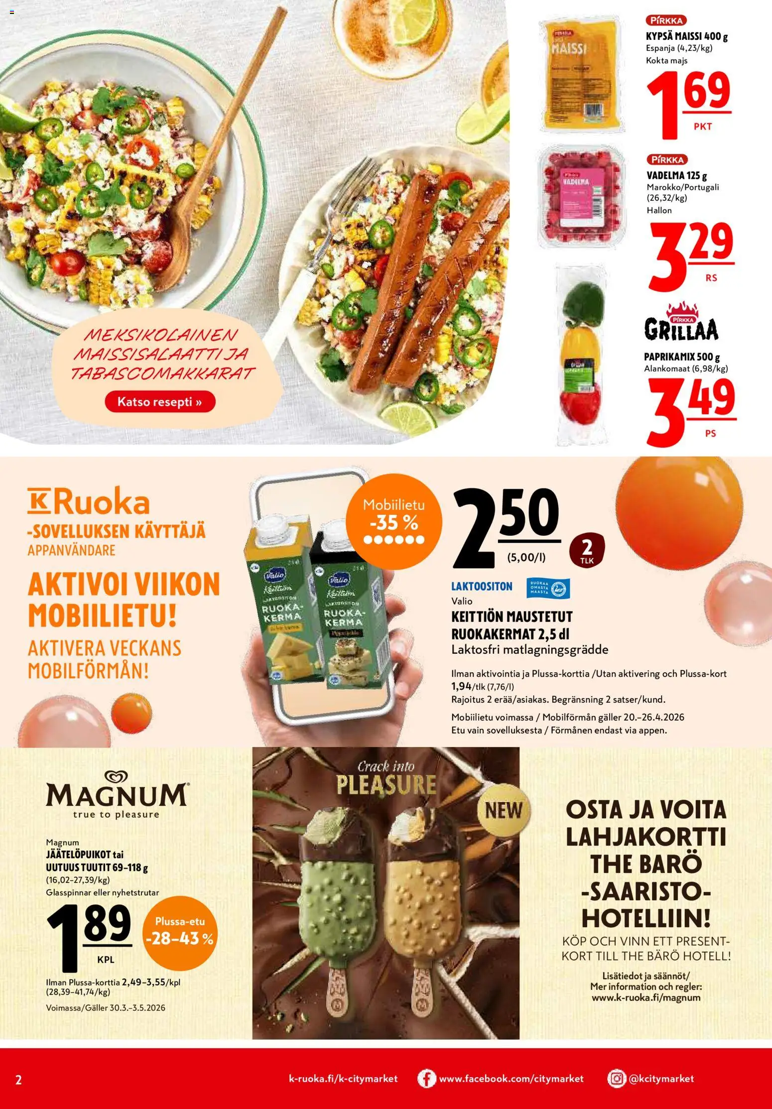 K-Citymarket tarjoukset – voimassa 20.04.2026 alkaen | Sivu: 2 | Tuotteet: Vadelma, Maissi, Kerma