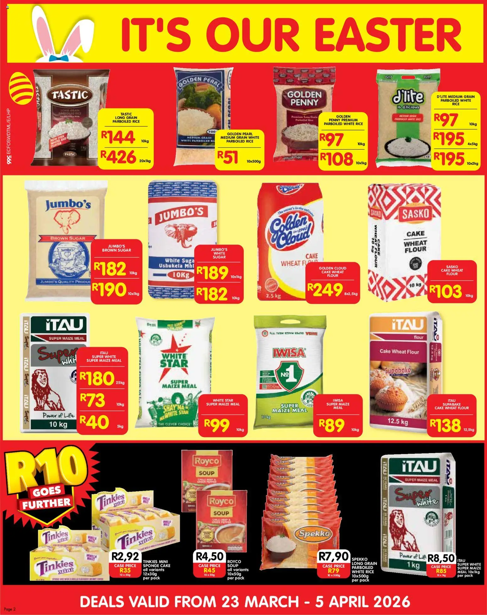 New Shoprite catalogue – valid from 23.03.2026 | Page: 2 | Products: Cake, Maize meal, Rice, Sugar
