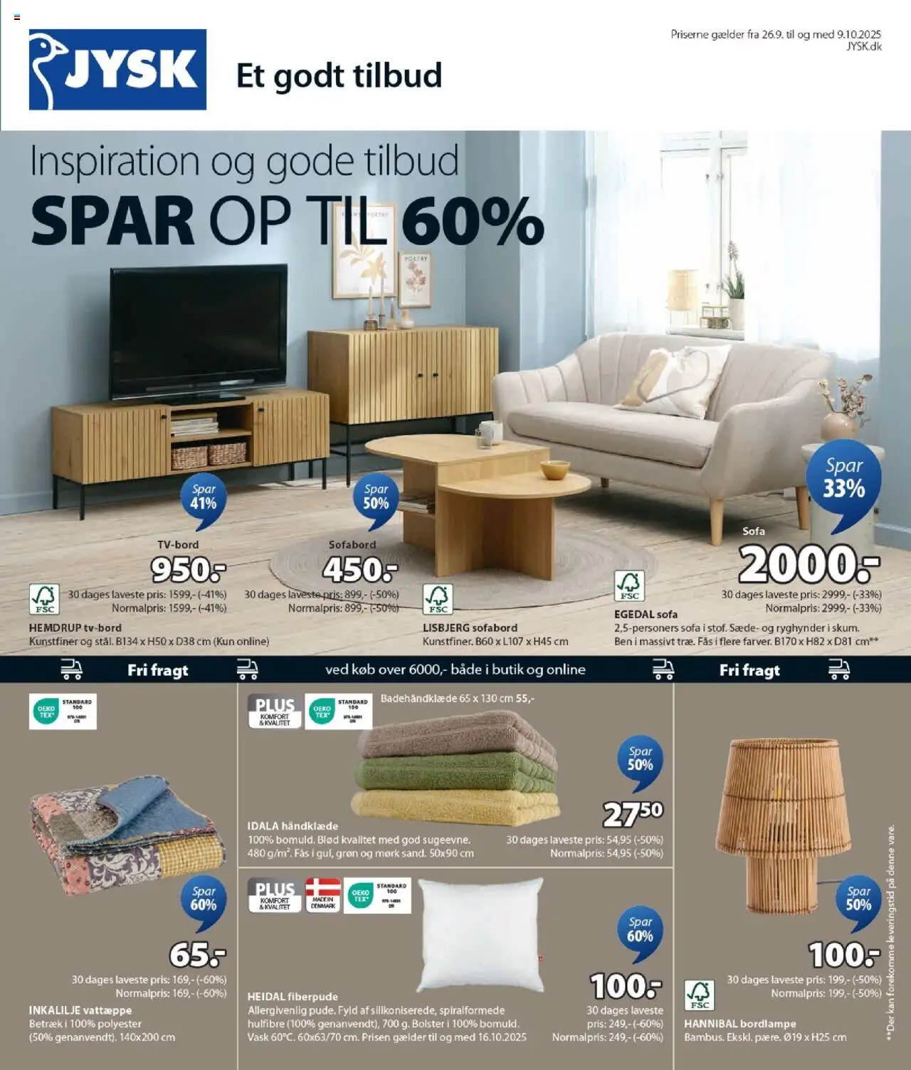 JYSK tilbudsavis – gyldig fra 26.09.2025 | Side: 1 | Produkter: Sofabord, Sofa, Håndklæde