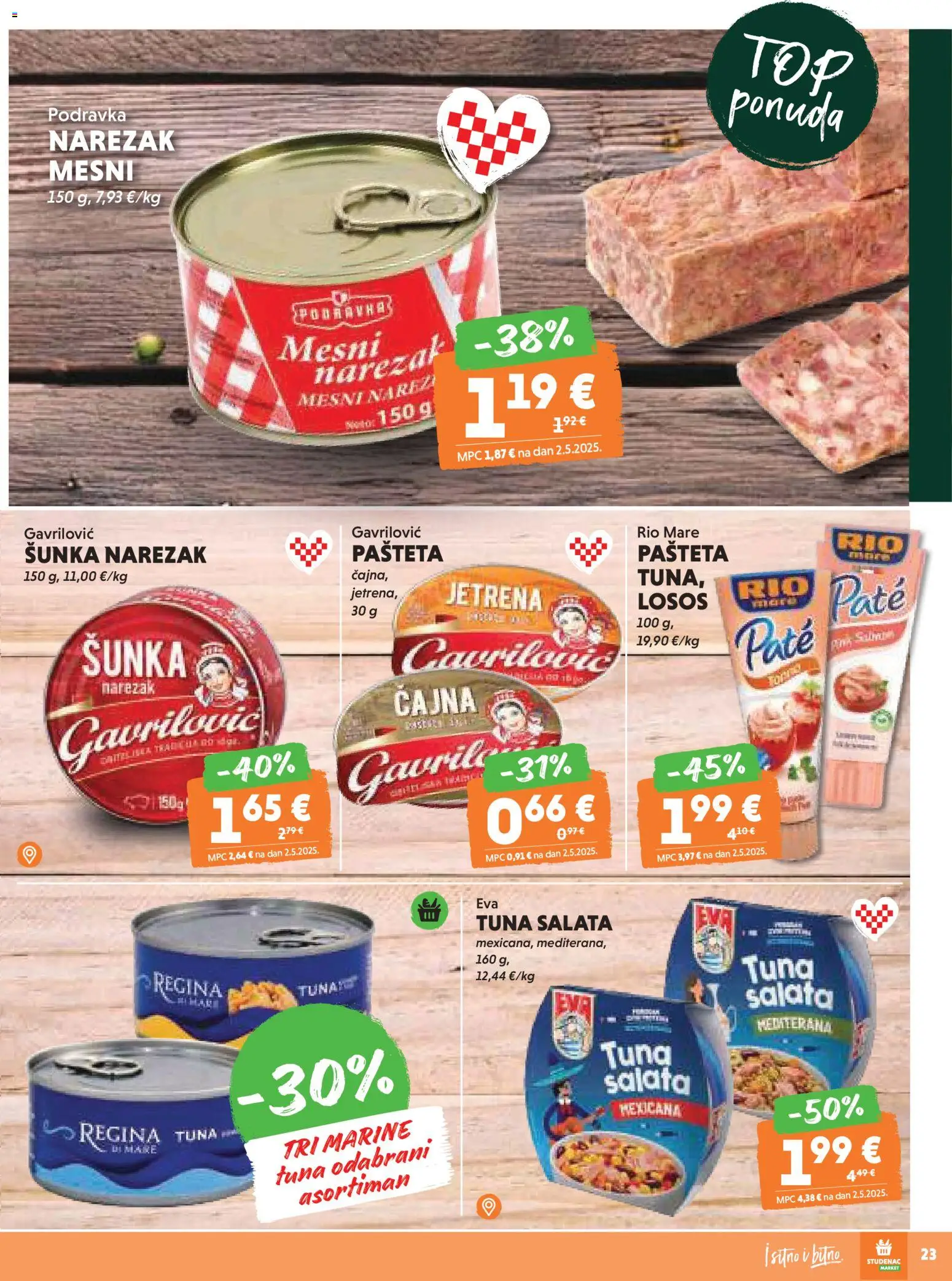 Studenac katalog | vrijedi od 05.11.2025 | Stranica: 23 | Proizvodi: Rio Mare, Šunka, Narezak, Pašteta