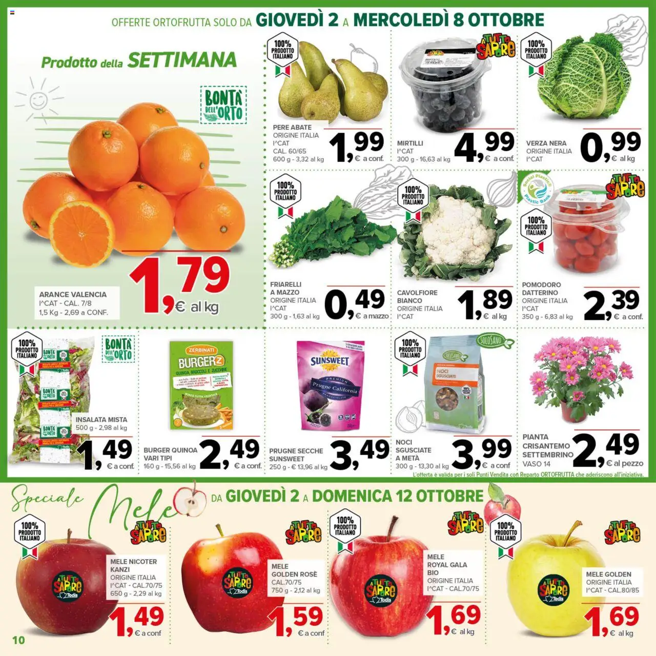 Volantino Todis del 02.10.2025 | Pagina: 10 | Prodotti: Mele, Mirtilli, Cavolfiore, Vaso