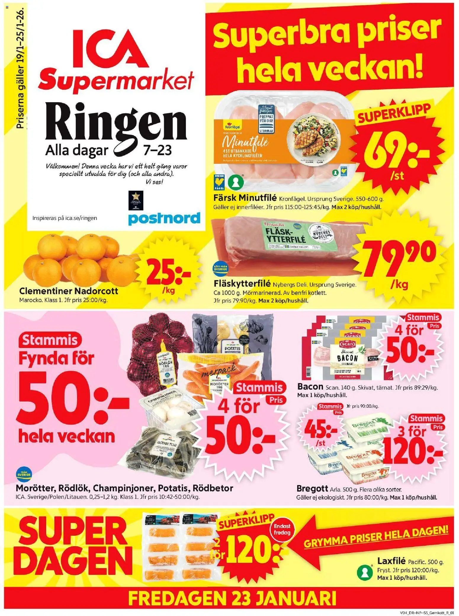 ICA Supermarket reklamblad aktuell från 19.01.2026 | Sida: 1 | Produkter: Bacon, Rödlök, Fläsk, Potatis