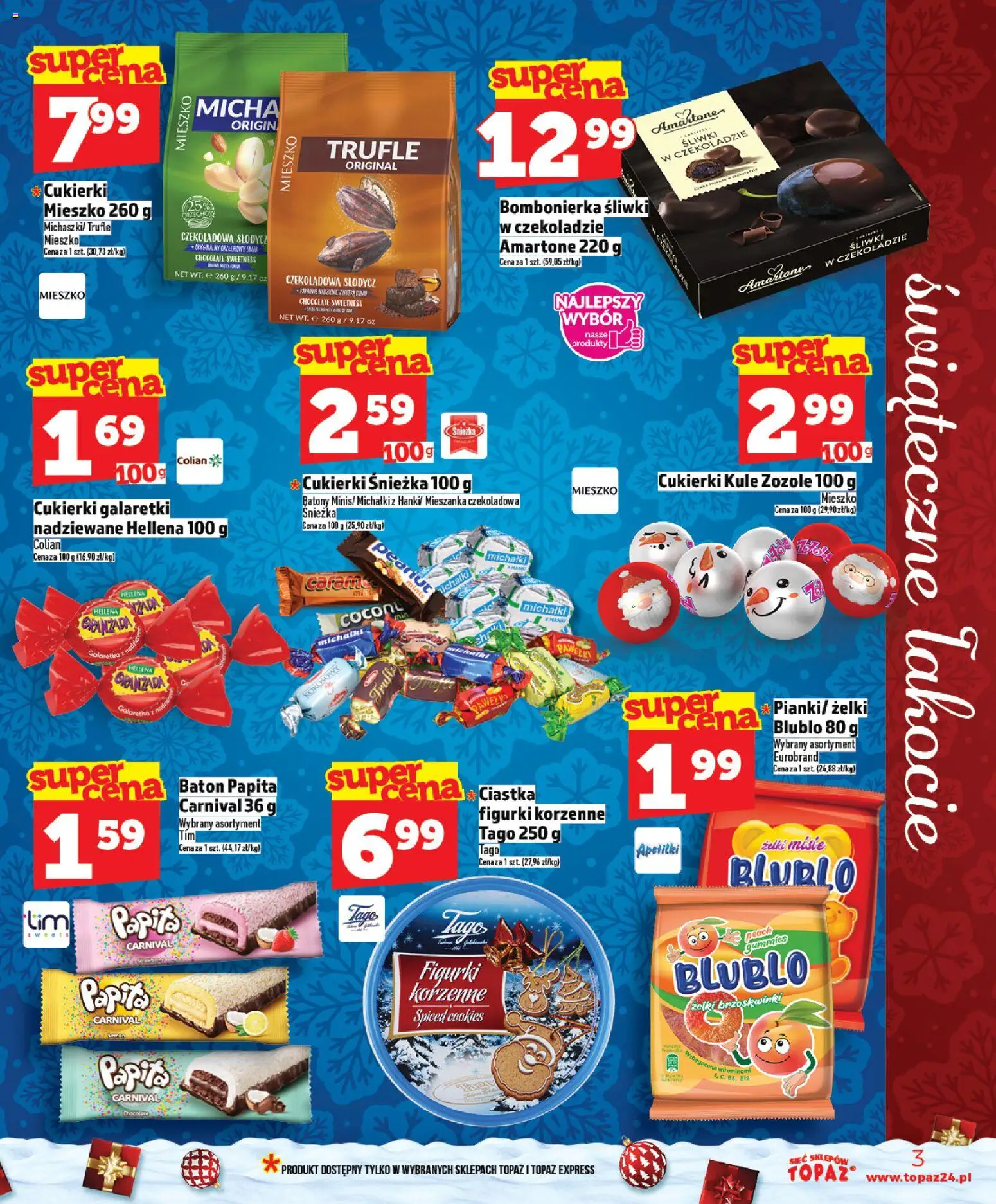 Topaz Gazetka MAZ od 04.12.2025 | Strona: 3 | Produkty: Czekoladowa, Galaretki, Figurki, Cukierki