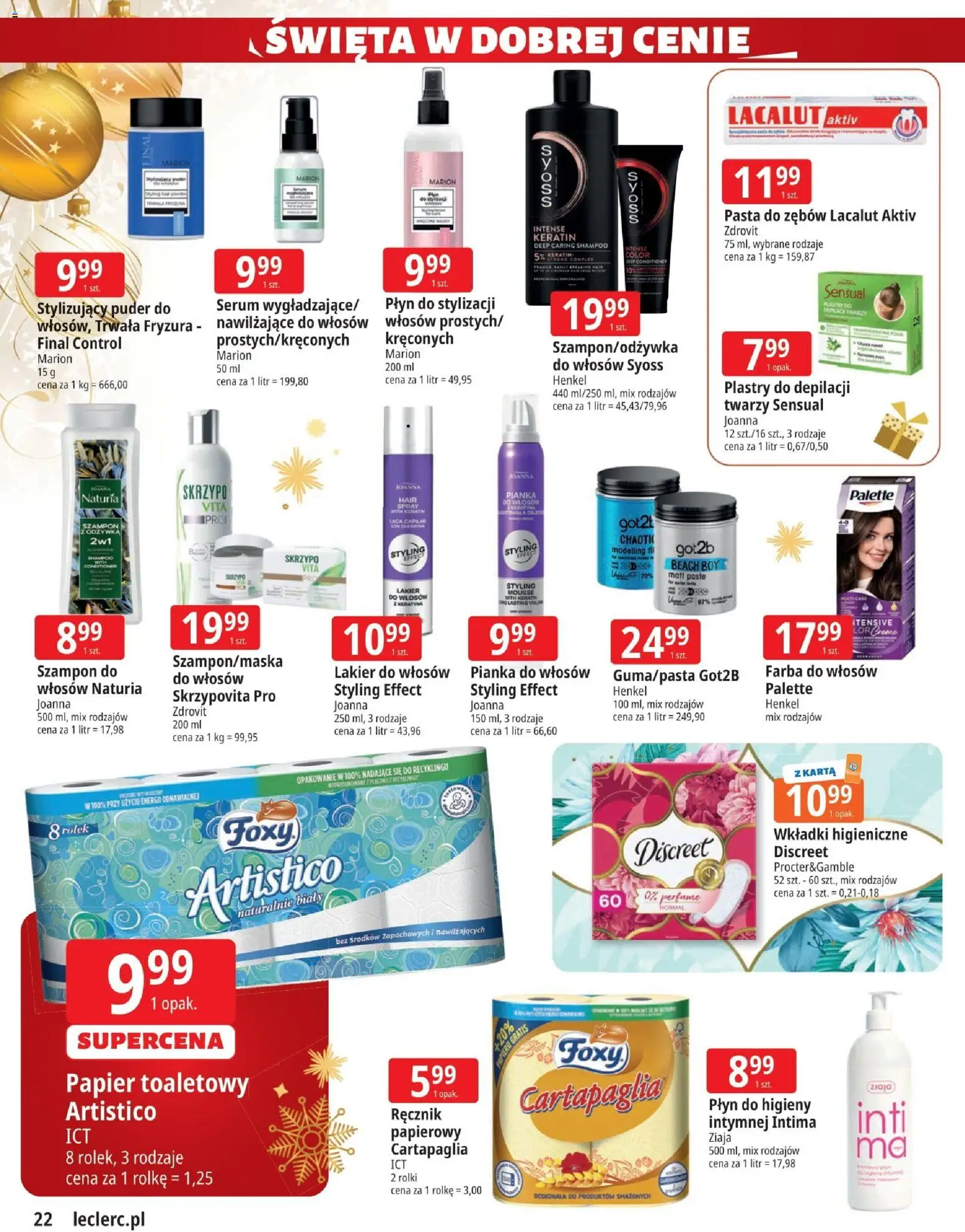 E.Leclerc Gazetka - Warszawa Jerozolimskie od 02.12.2025 | Strona: 22 | Produkty: Papier toaletowy, Puder, Lakier do włosów, Lacalut