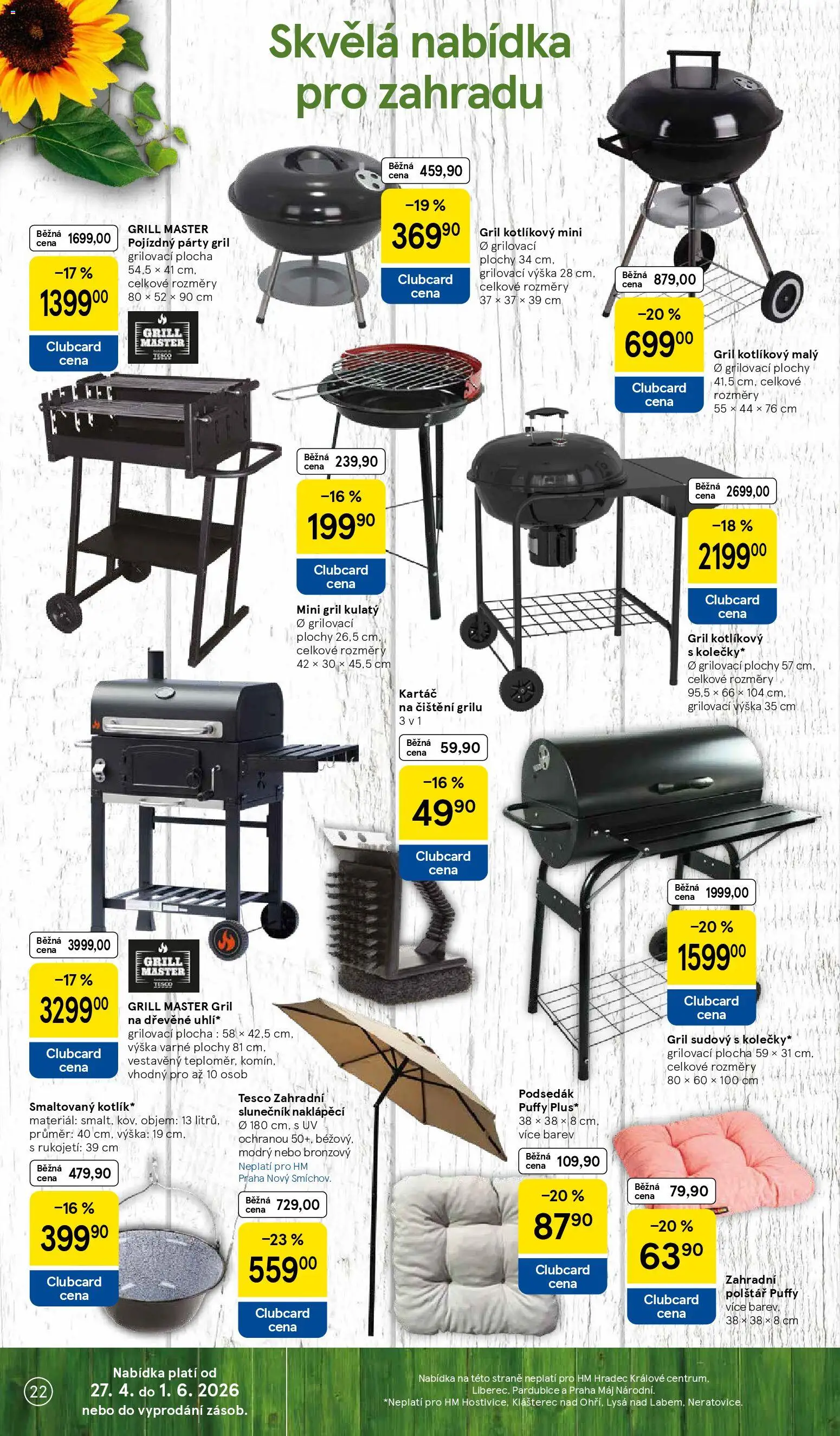 Tesco leták - Hypermarket od 29.04.2026 | Strana: 22 | Produkty: Gril, Podsedák, Polštář, Slunečník