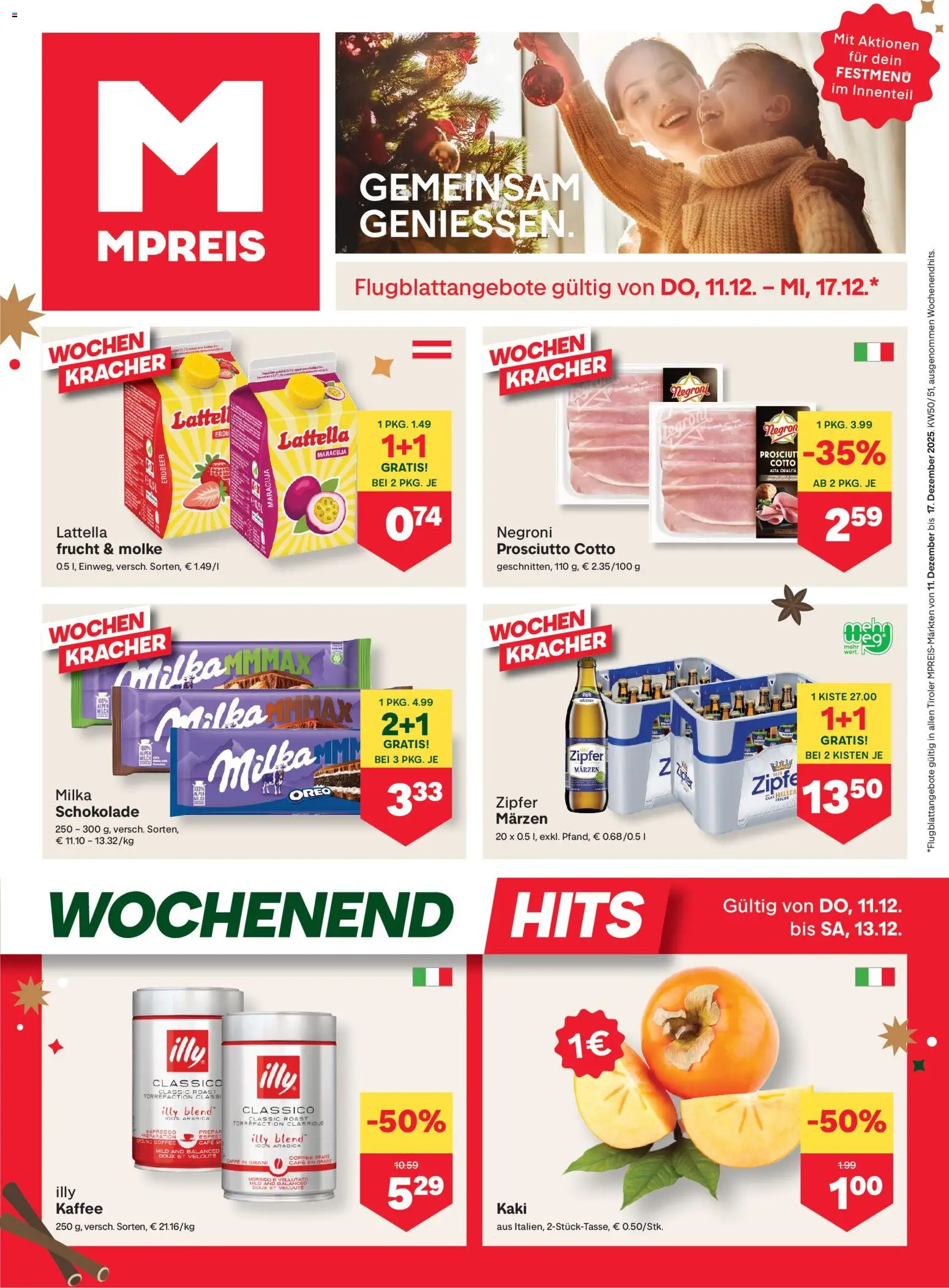 MPREIS Flugblatt gültig ab 11.12.2025 | Seite: 1 | Produkte: Kaki, Milch, Kaffee, Schokolade