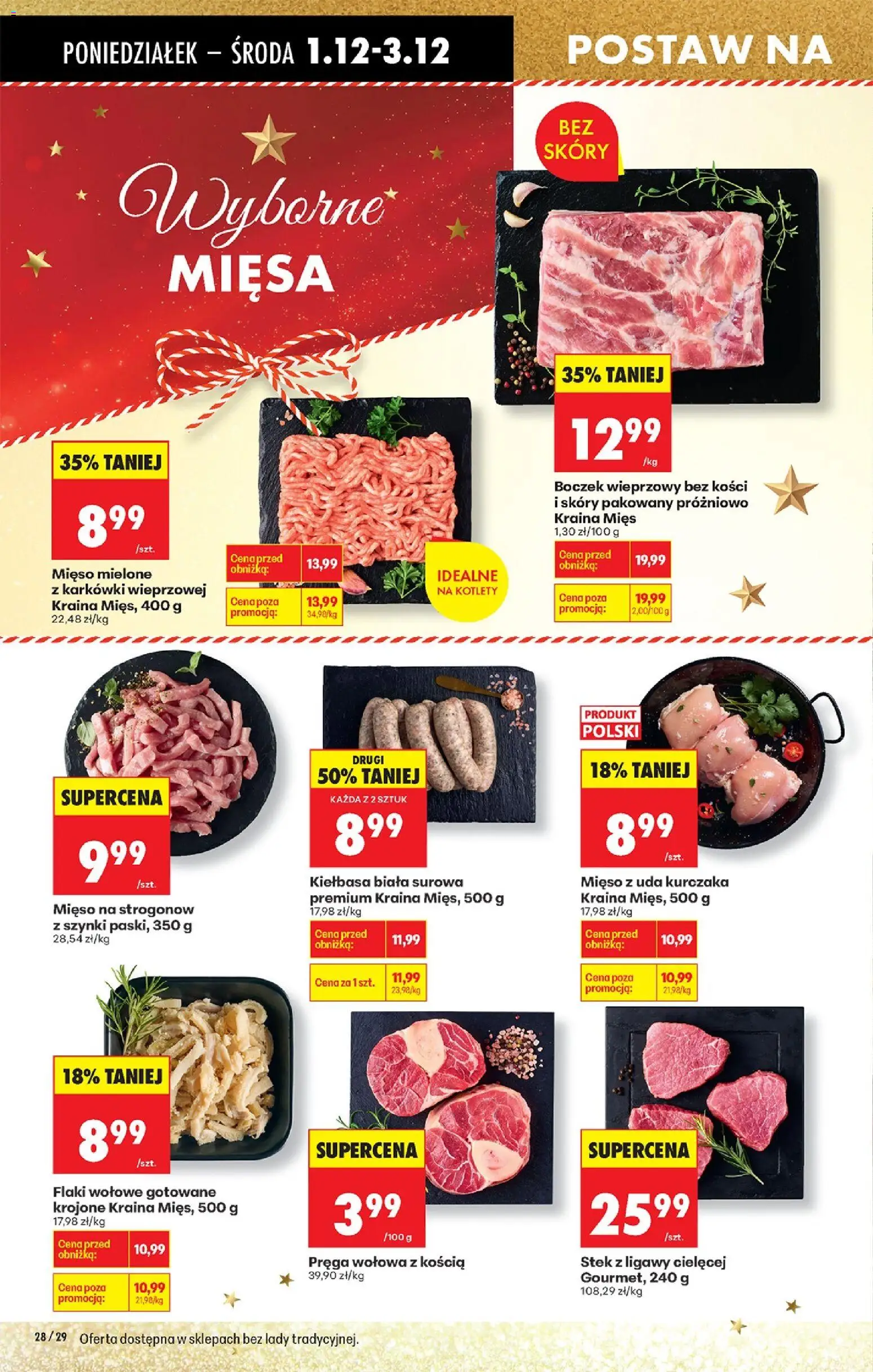 Biedronka gazetka od 01.12.2025 | Strona: 40 | Produkty: Mięso z uda kurczaka, Kraina mięs, Flaki wołowe gotowane, Flaki