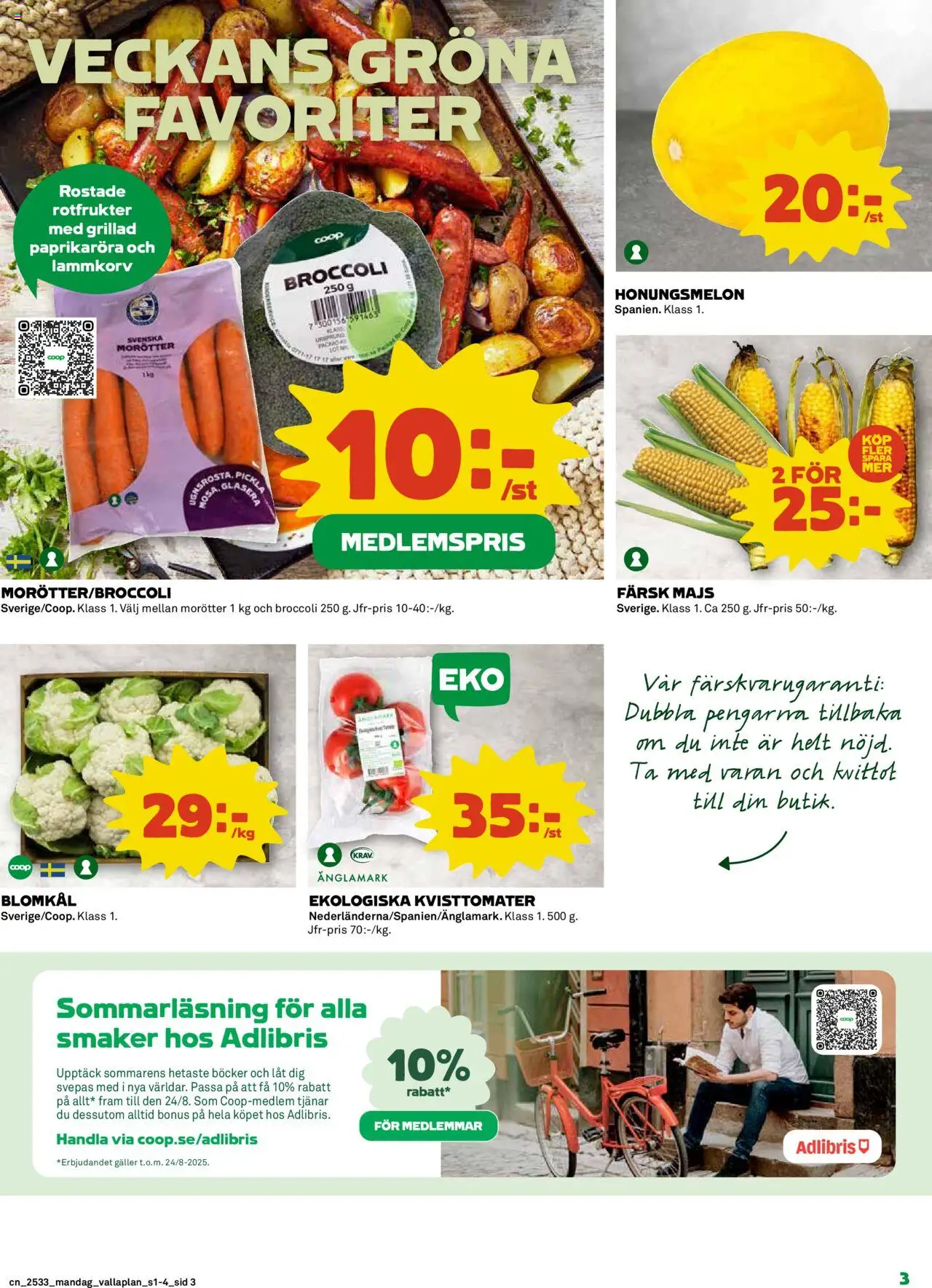 Coop reklamblad aktuell från 11.08.2025 | Sida: 3 | Produkter: Honungsmelon, Blomkål, Broccoli, Majs