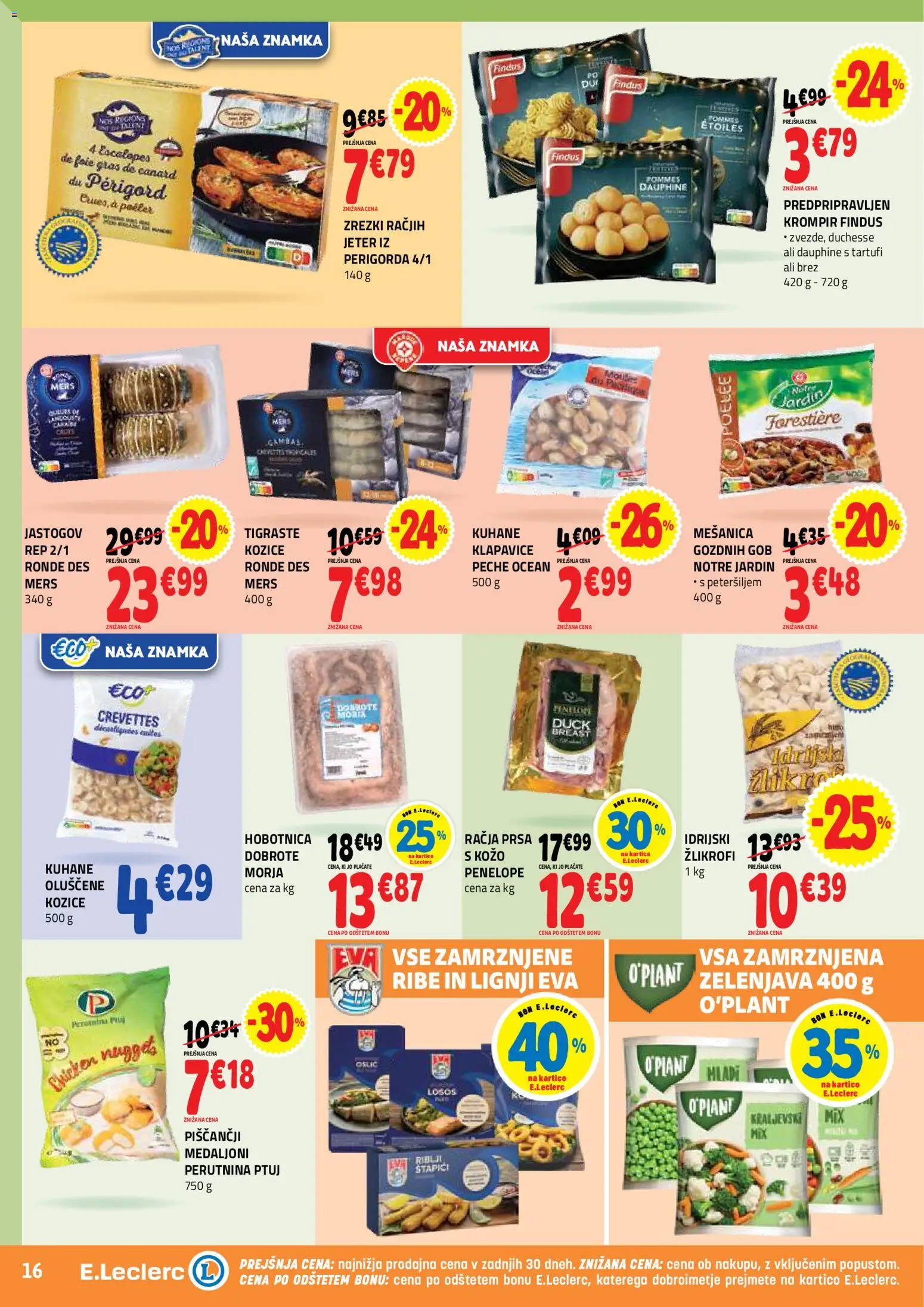 Novi E.leclerc katalog ponudbe – veljaven od 25.03.2026 | Stran: 16 | Izdelki: Losos, Klapavice, Zrezki, Tomate triturado