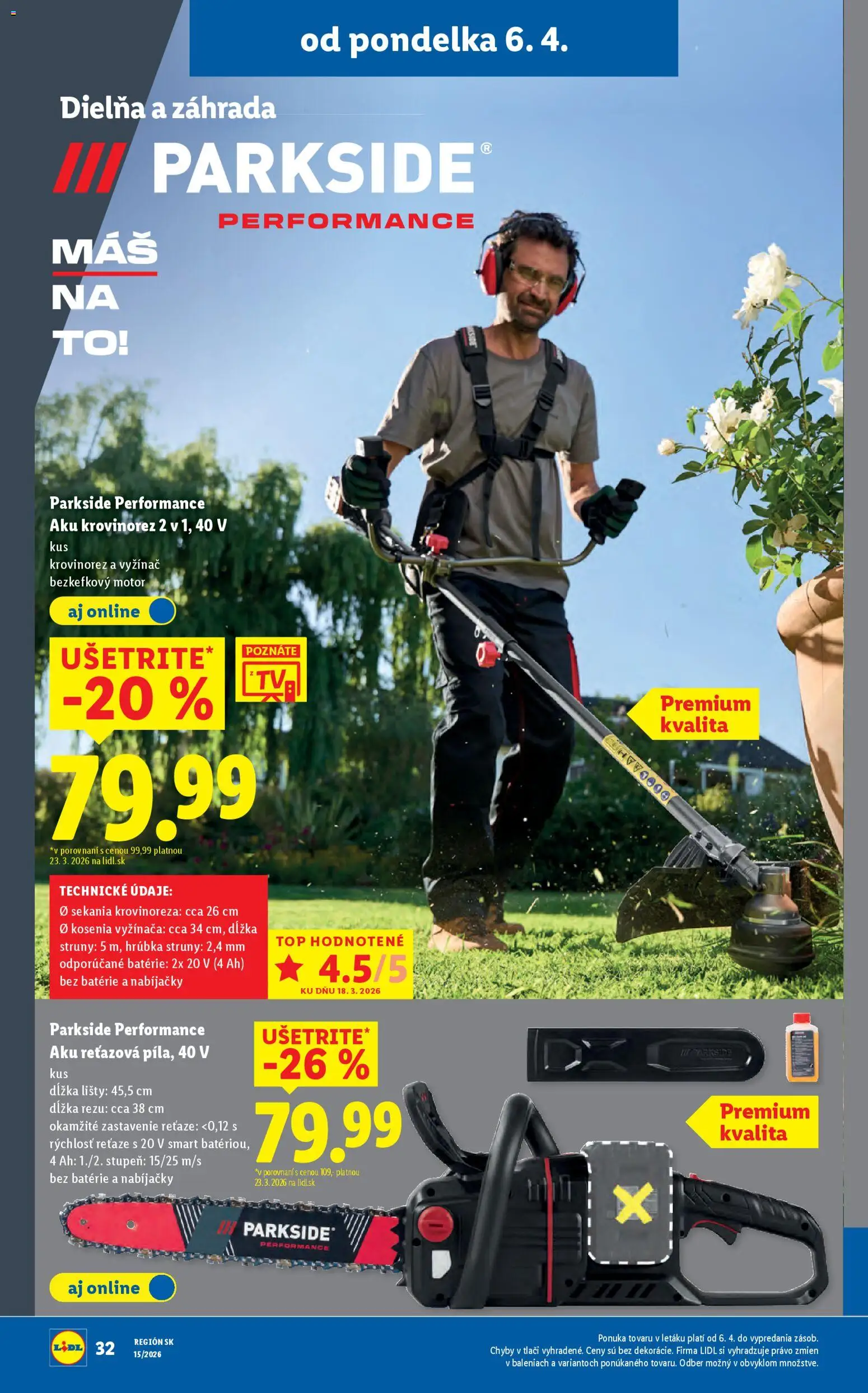 Nové Lidl akcie – leták je platný od 06.04.2026 | Strana: 36 | Produkty: Aku krovinorez, Krovinorez, Aku, Parkside