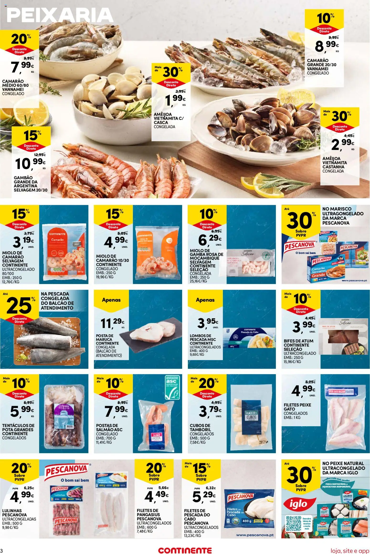 Continente Semanal Continente Bom Dia │ válido de 04.11.2025 | Página: 3 | Produtos: Cabo, Pescada, Camarão, Salmão