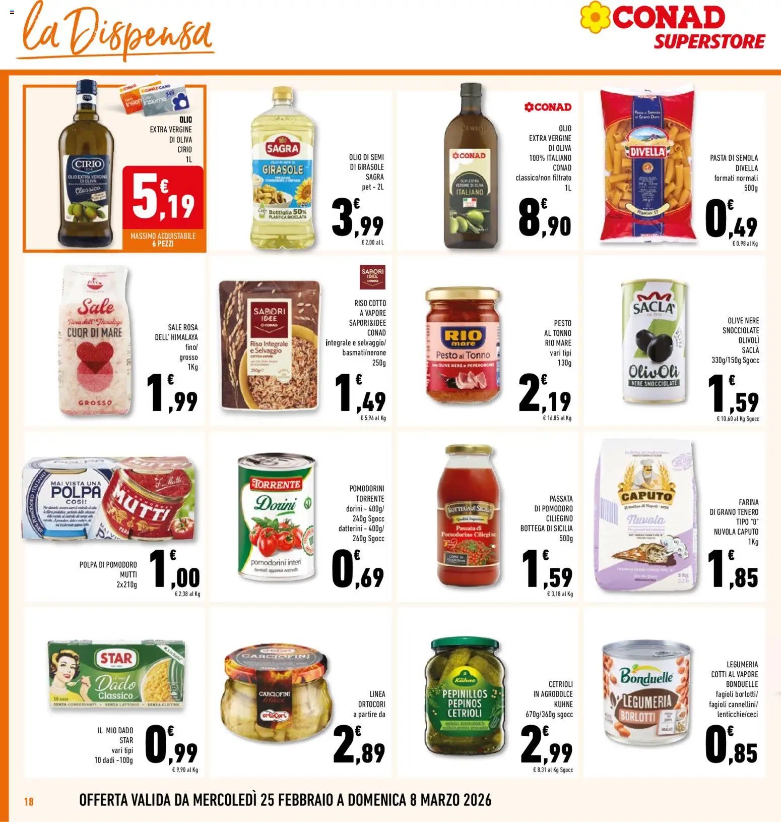 Volantino Conad del 25.02.2026 | Pagina: 18 | Prodotti: Pomodorini, Fagioli, Farina, Olio extra vergine