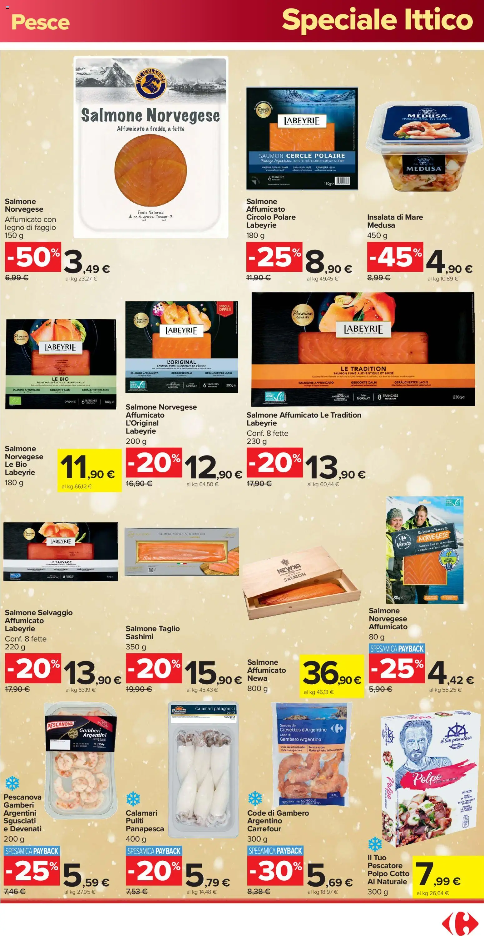 Volantino Carrefour del 16.12.2025 | Pagina: 19 | Prodotti: Salmone affumicato, Pesce, Gamberi, Insalata