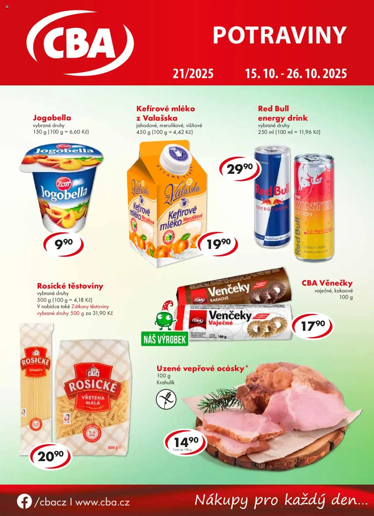 CBA leták od 15.10.2025 | Strana: 1 | Produkty: Mléko, Špagety, Red Bull, Potraviny