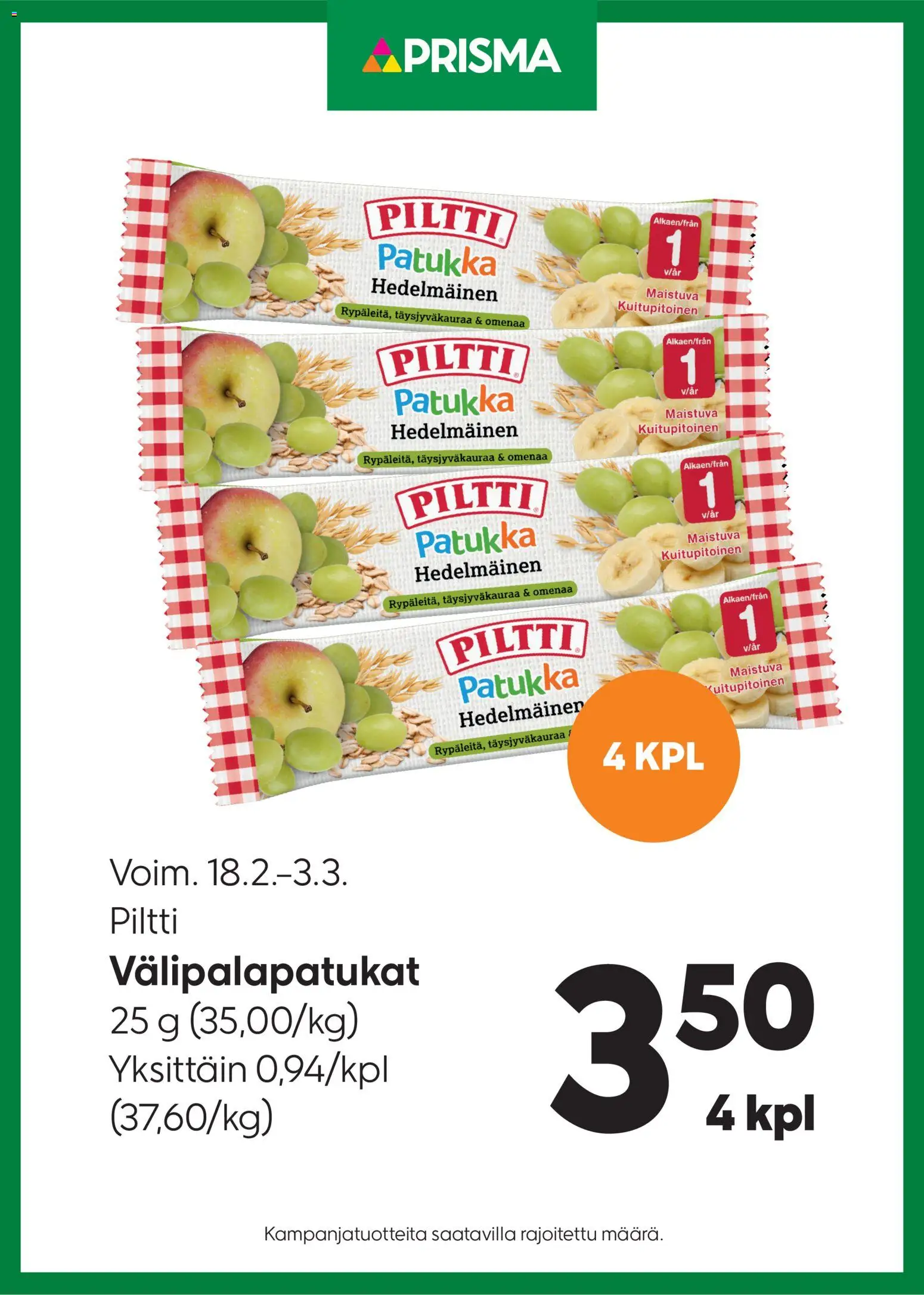 Prisma tarjoukset Piltti Välipalapatukat – voimassa 18.02.2026 alkaen | Sivu: 1