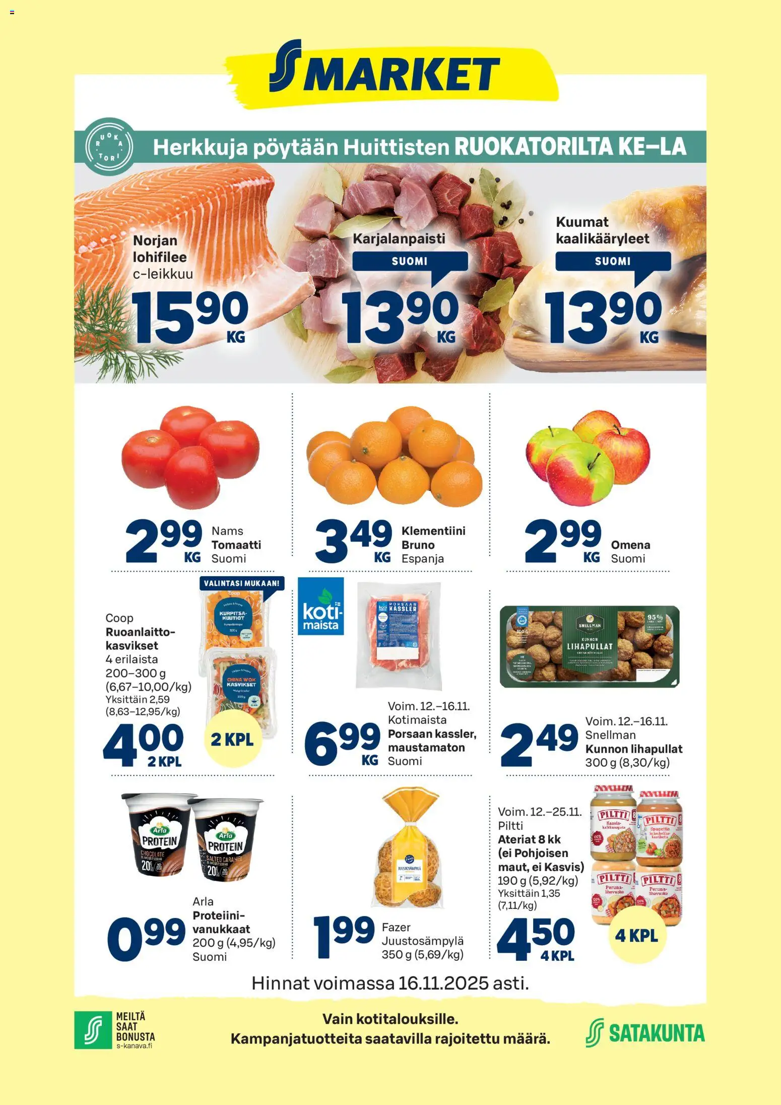 S-market Huittinen – voimassa 12.11.2025 alkaen | Sivu: 1 | Tuotteet: Kaalikääryleet, Klementiini, Peruna, Kurpitsa