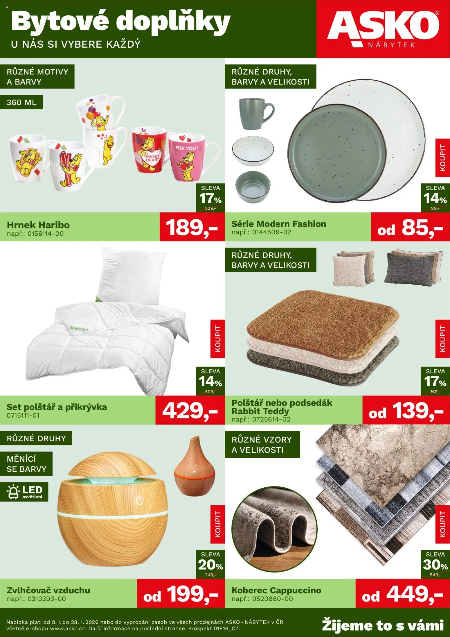 ASKO nábytek leták - Bytové doplňky za skvělé ceny od 08.01.2026 | Strana: 1 | Produkty: Set polštář a přikrývka, Zvlhčovač vzduchu, Podsedák, Přikrývka
