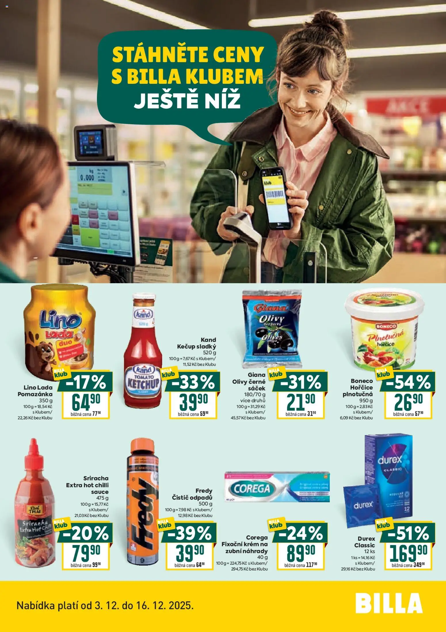 Billa leták - Bonus club od 03.12.2025 | Strana: 2 | Produkty: Corega, Sriracha, Pomazánka, Olivy
