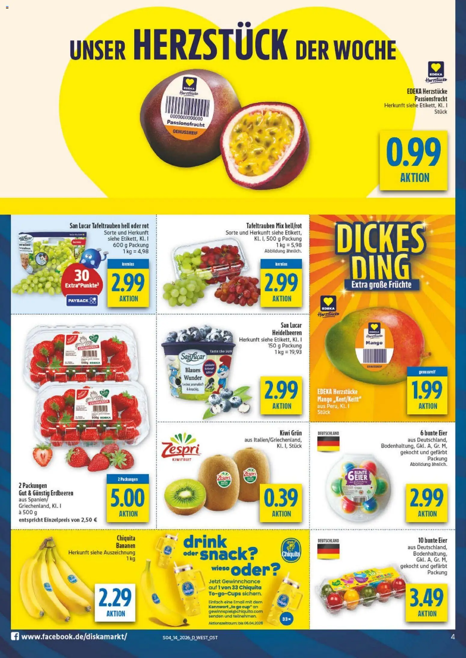 Diska - Diska Angebote Sachsen-Thüringen KW14 – gültig ab 30.03.2026 | Seite: 4 | Produkte: Eier, Trauben, Bananen, Heidelbeeren