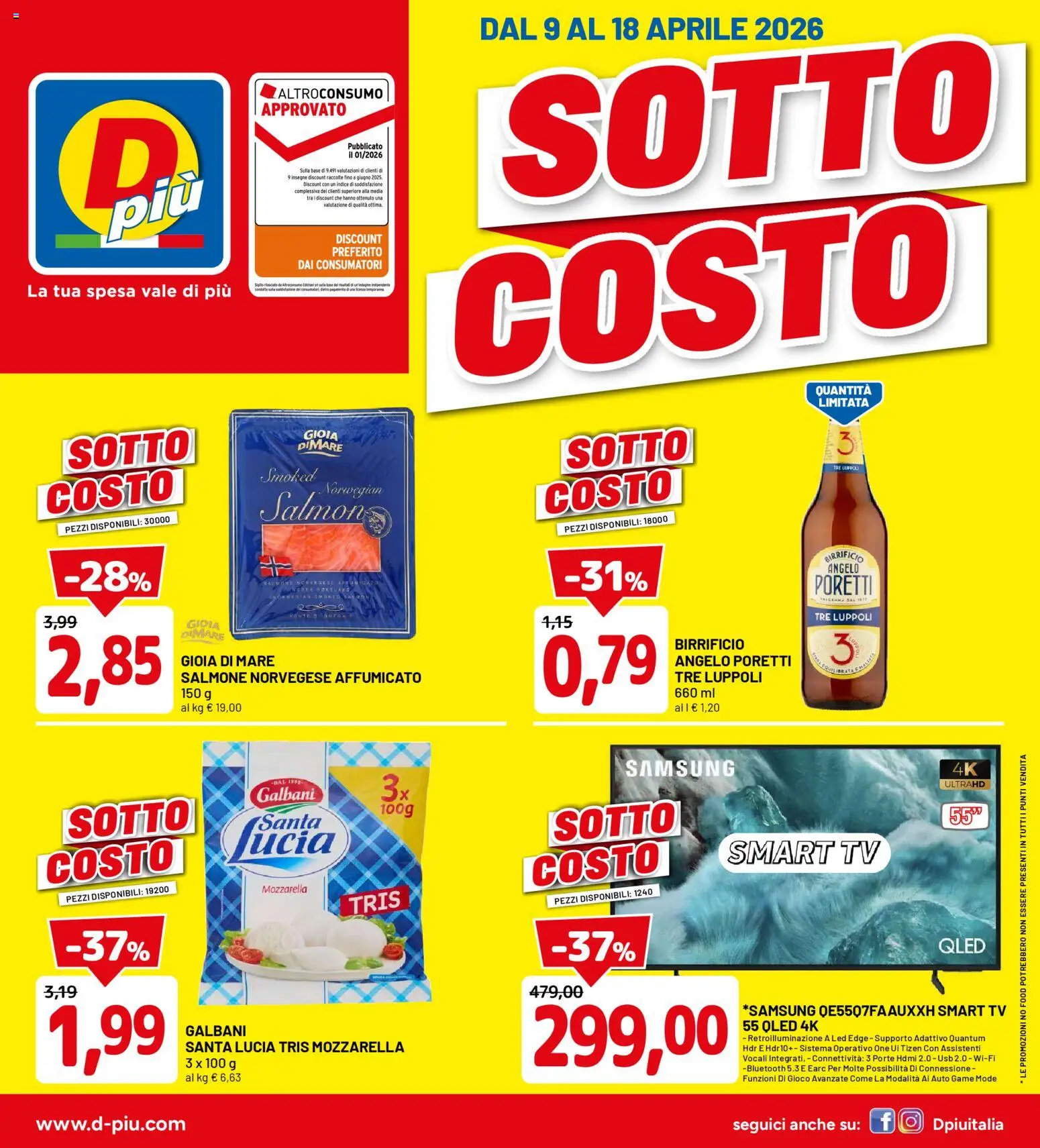 Volantino D Più del 09.04.2026 | Pagina: 1 | Prodotti: Salmone, Mozzarella, TV, USB